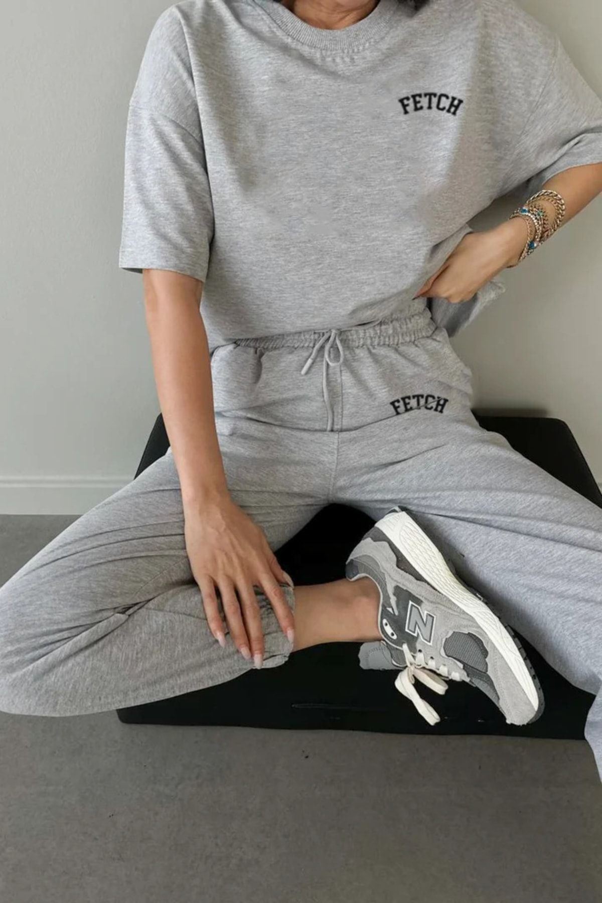 CLAYES FETCH Baskılı T-shirt Eşofman Altı Jogger- Gri Baskı Alt Üst Eşofman Takımı Oversize Bisiklet Yaka görsel 2