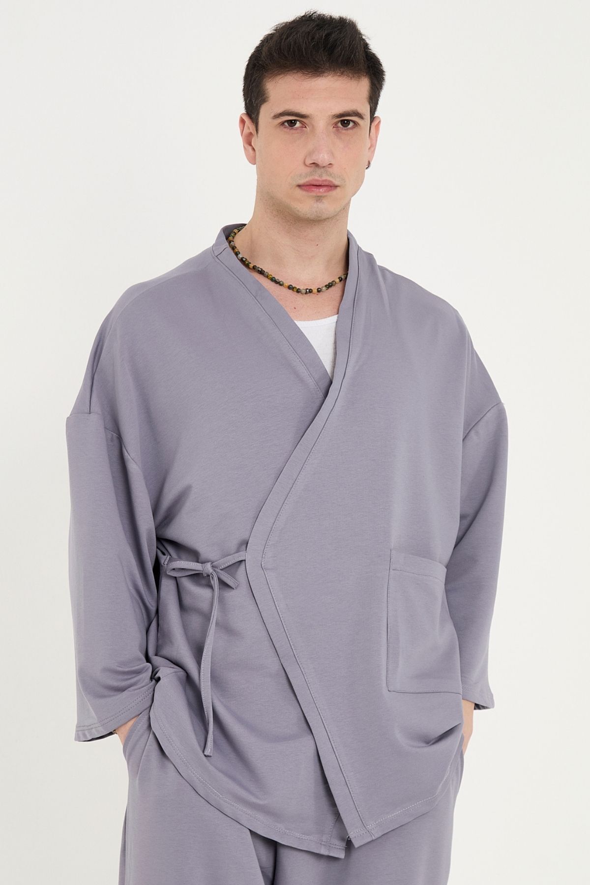 RELAXL Unisex Bağcıklı Pamuklu Penye Kısa Lila Kimono Yoga Meditasyon Kıyafeti