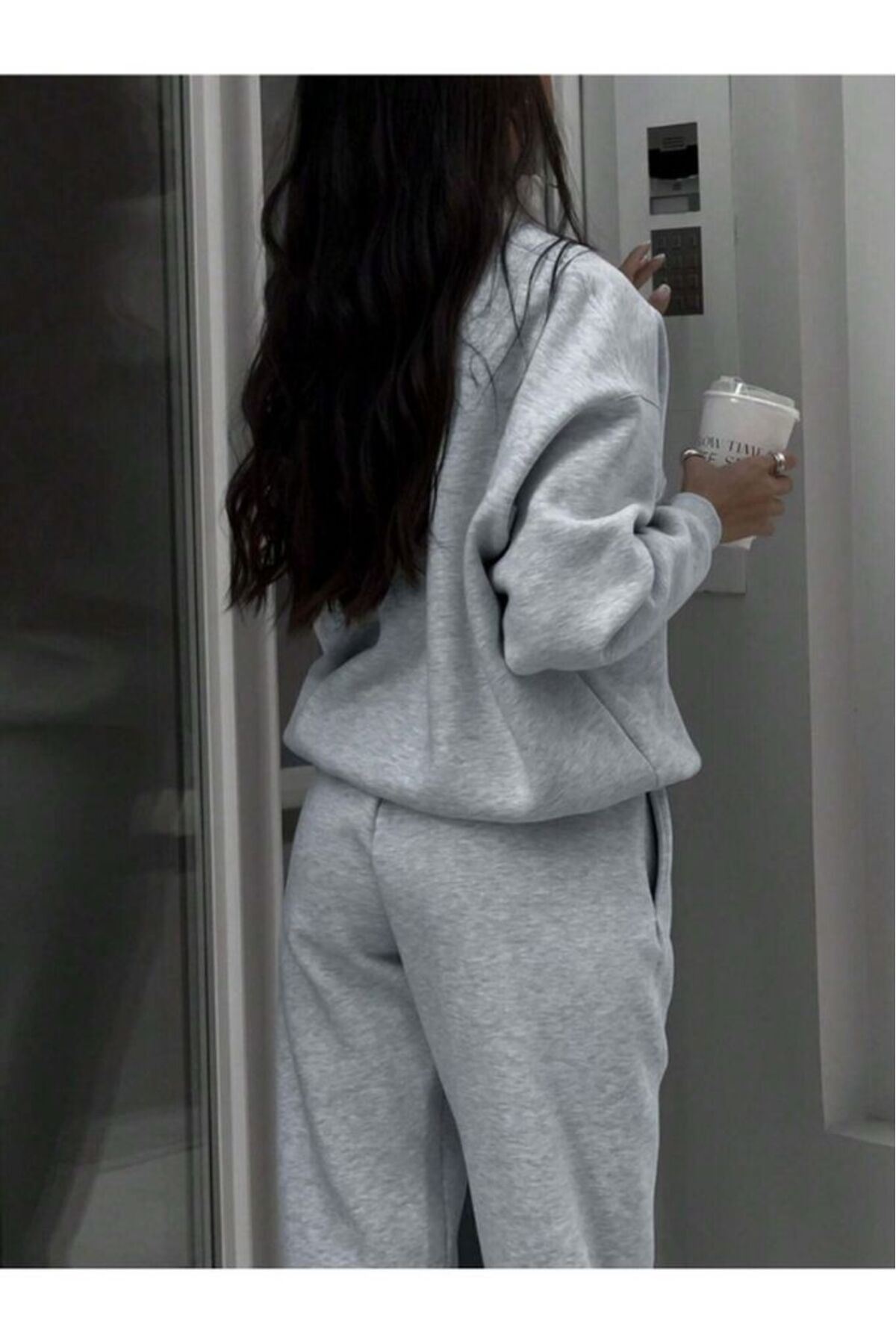 Basic Düz Fermuarlı Eşofman Takımı Sweatshirt Jogger - Gri Oversize Şardonlu Dik Yaka — خاکستری BCDFTKM-CLYS — تصویر 2 از 5