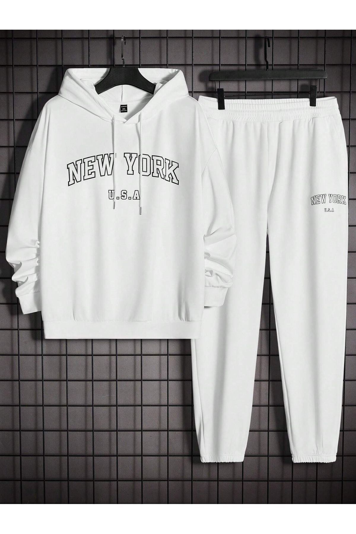 VBSVİBES-New York U.S.A Tracksuit Set Sweatshirt Jogger - White Printed Oversize Drawstring Hoodie 1