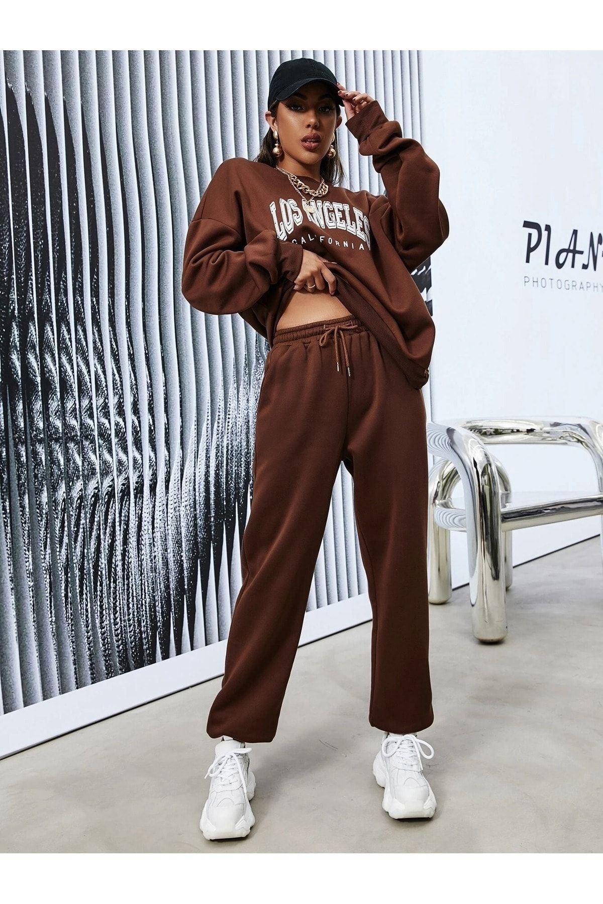 CLAYES-Σετ φόρμας Los Angeles Sweatshirt Jogger - Καφέ στάμπα Oversize Crew Neck 8