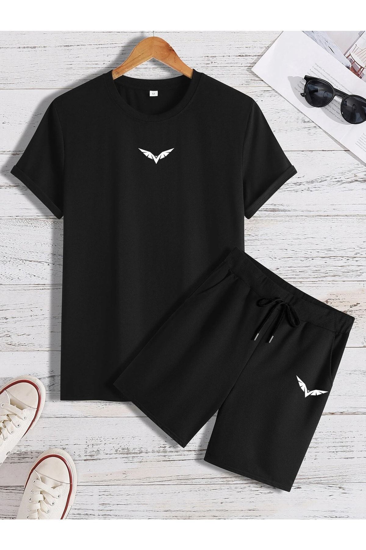 CLAYES-Wings T-shirt Shorts - Black Bottom Top Combination Shorts T-shirt Set Printed Oversize Crew Neck 1