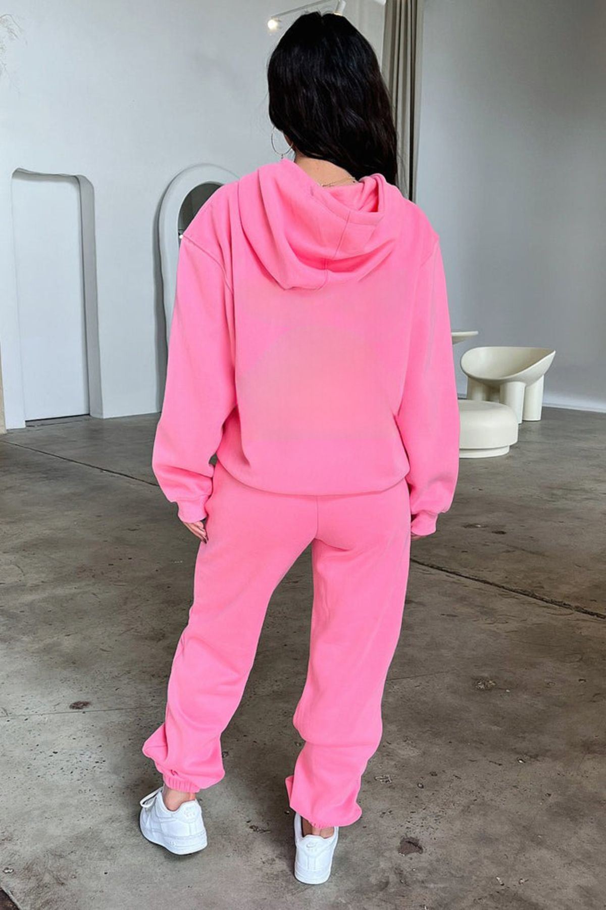 Basic Düz Eşofman Takımı Sweatshirt Jogger - Pembe Oversize Şardonlu Kapüşonlu — صورتی BSCTAKMDUZ-CLYS — تصویر 8 از 8