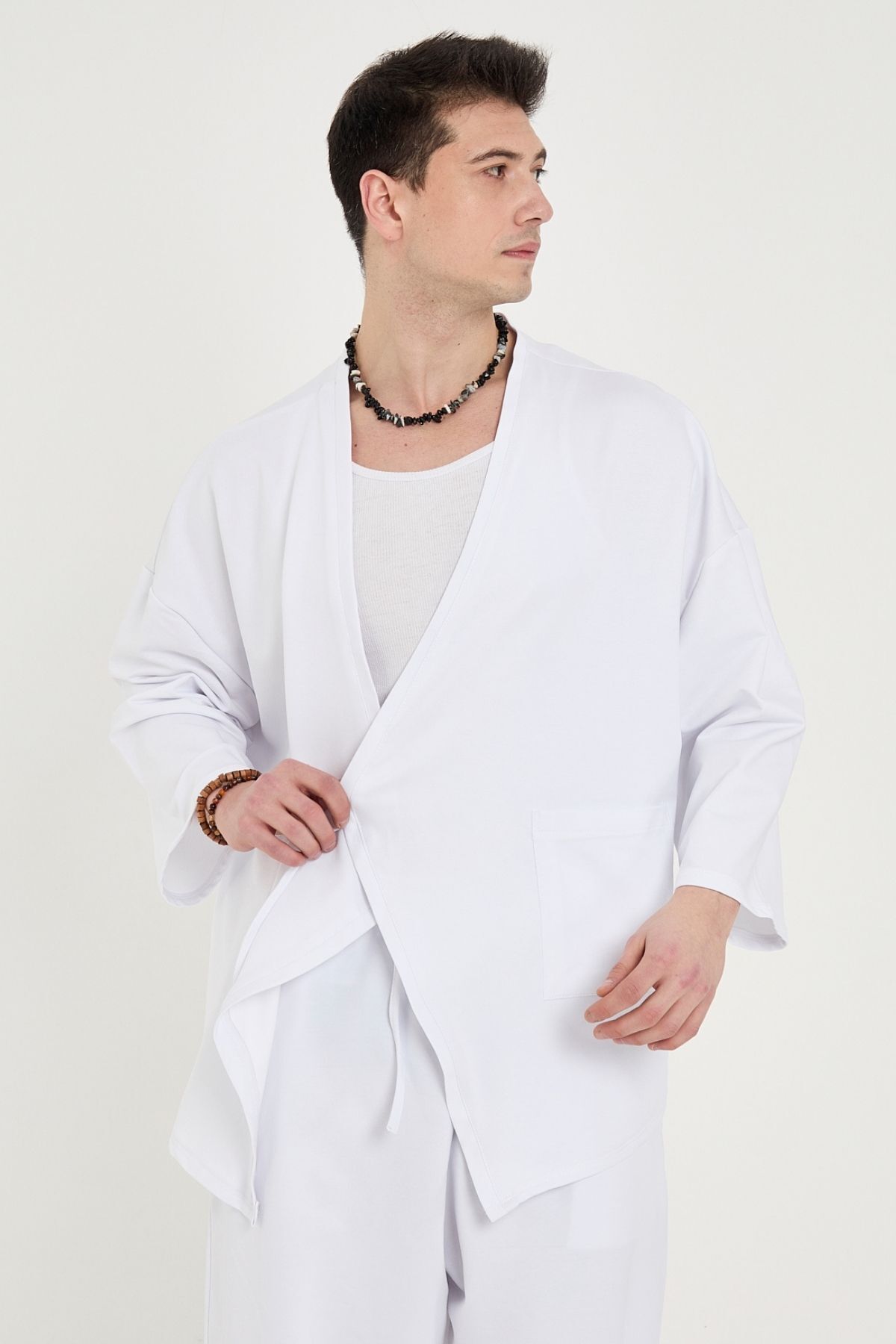 RELAXL Unisex Bağcıklı Pamuklu Penye Kısa Beyaz Kimono Yoga Meditasyon Kıyafeti