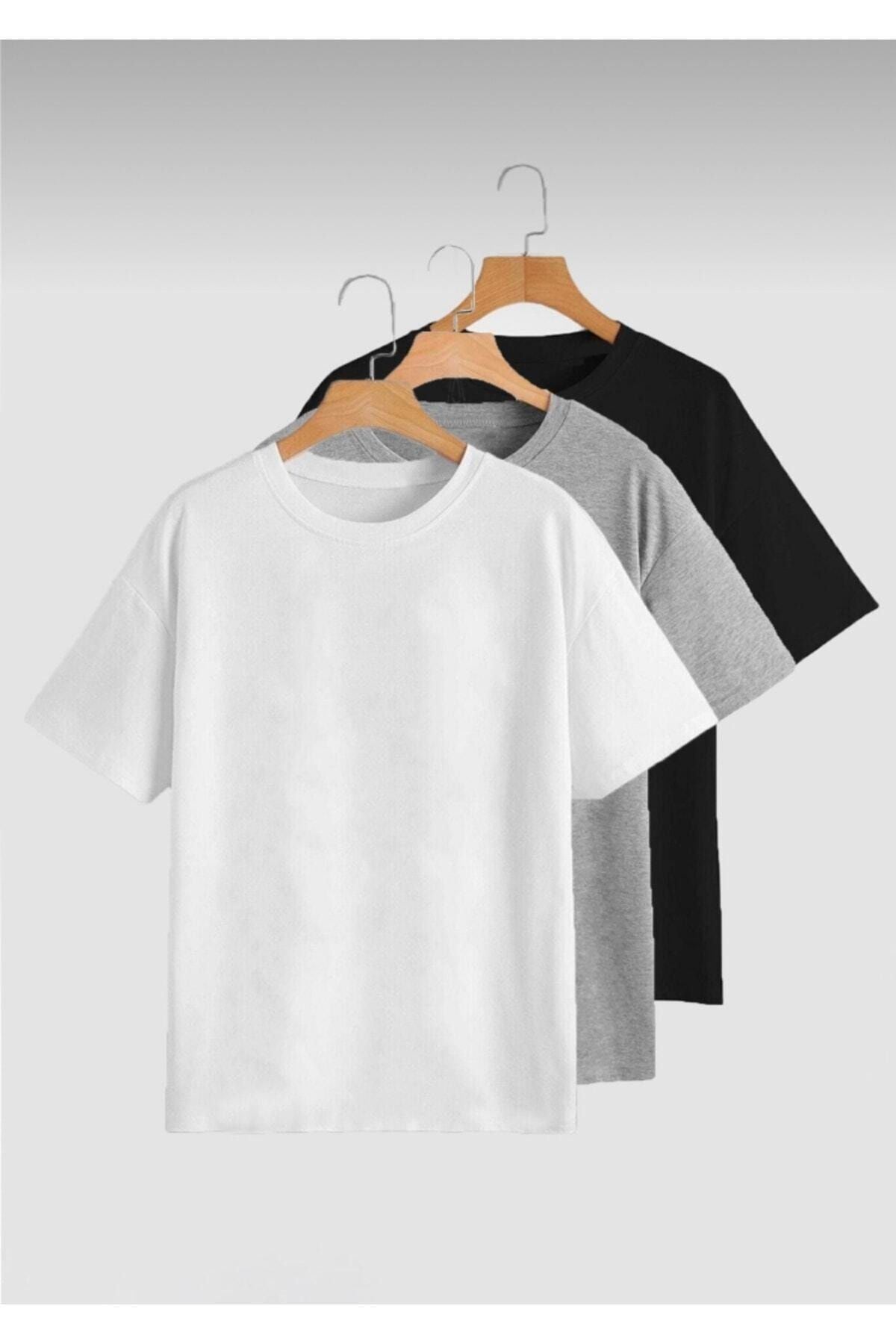 DUBU BUTİK Basic Düz 3'lü Çoklu Kombin T-shirt - Siyah, Beyaz Ve Gri Oversize Bisiklet Yaka