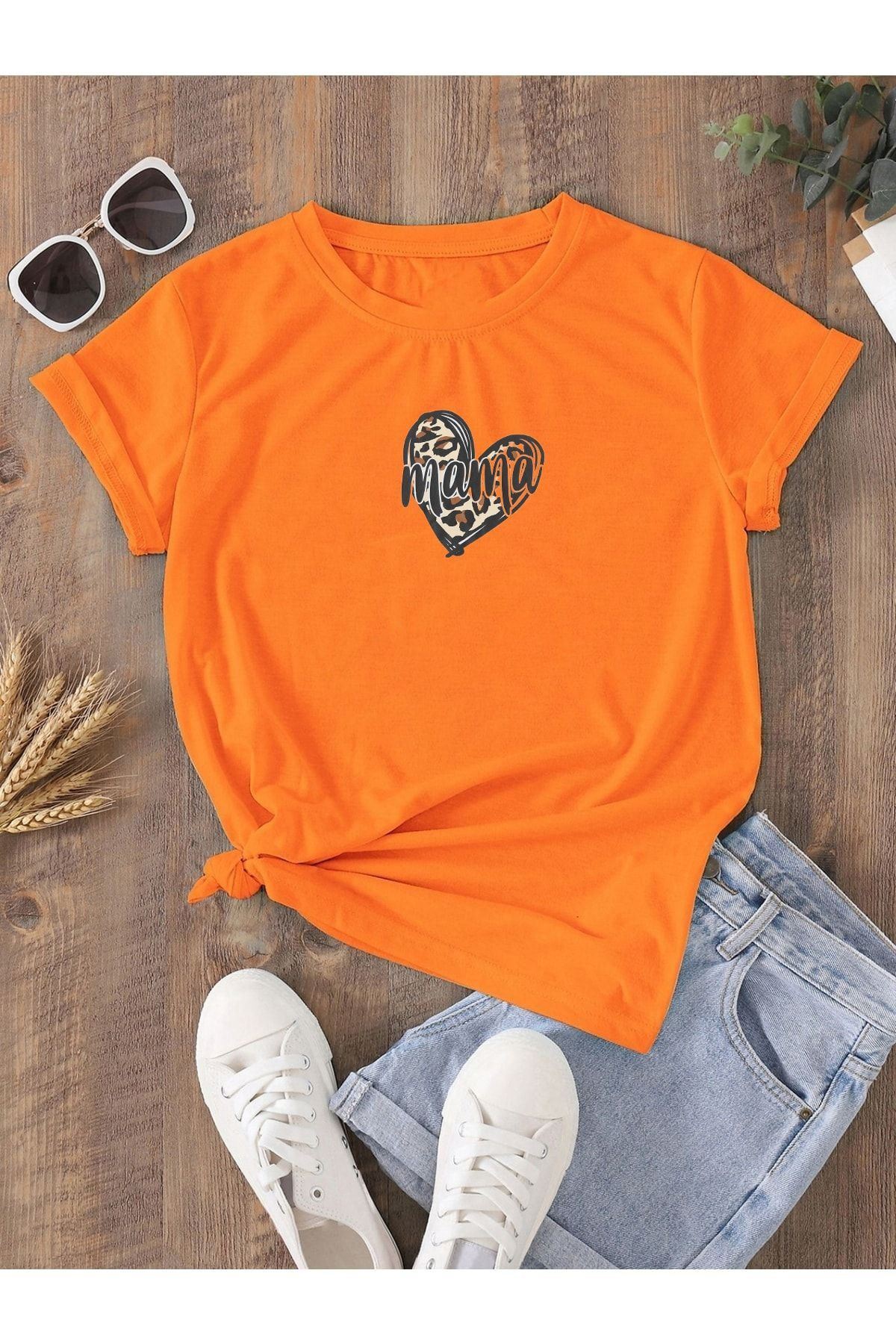 Maternity T-shirt Mama Heart Printed - Orange Crew Neck Oversized T-Shirt