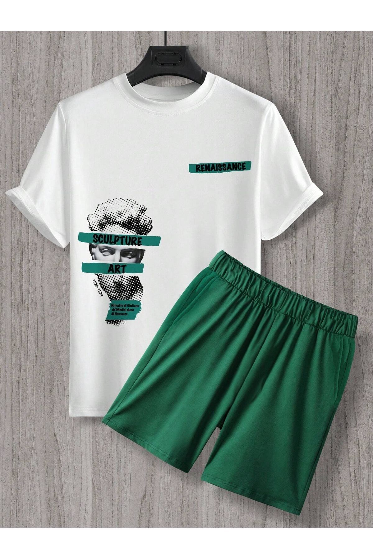 DUBU BUTİK-Pantaloni scurți tricou Sculpture Art - Set de tricou cu pantaloni scurți verde Nefti alb cu imprimeu oversize cu decolteu turn 2
