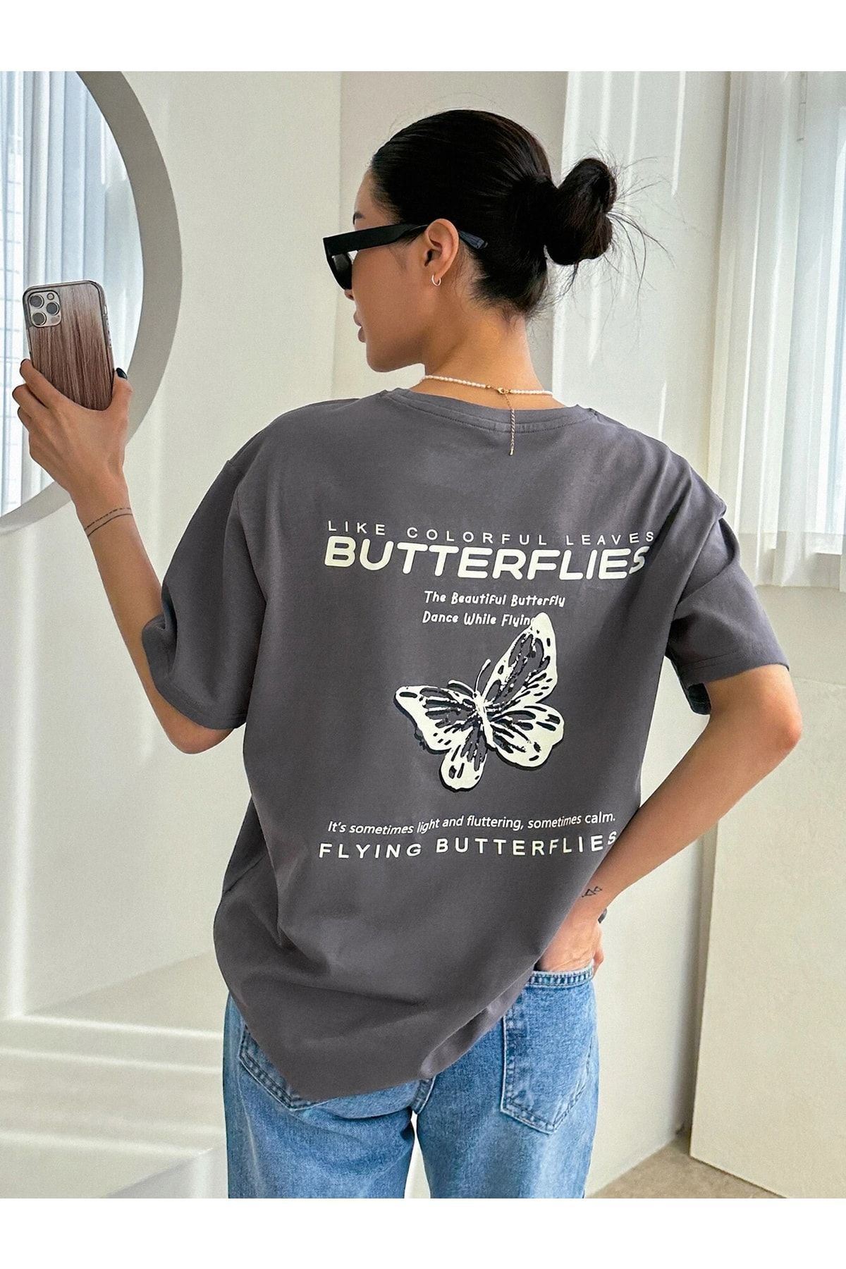DUBU BUTİK-Smoked Oversize Butterflies T-shirt - Oversize Printed 4