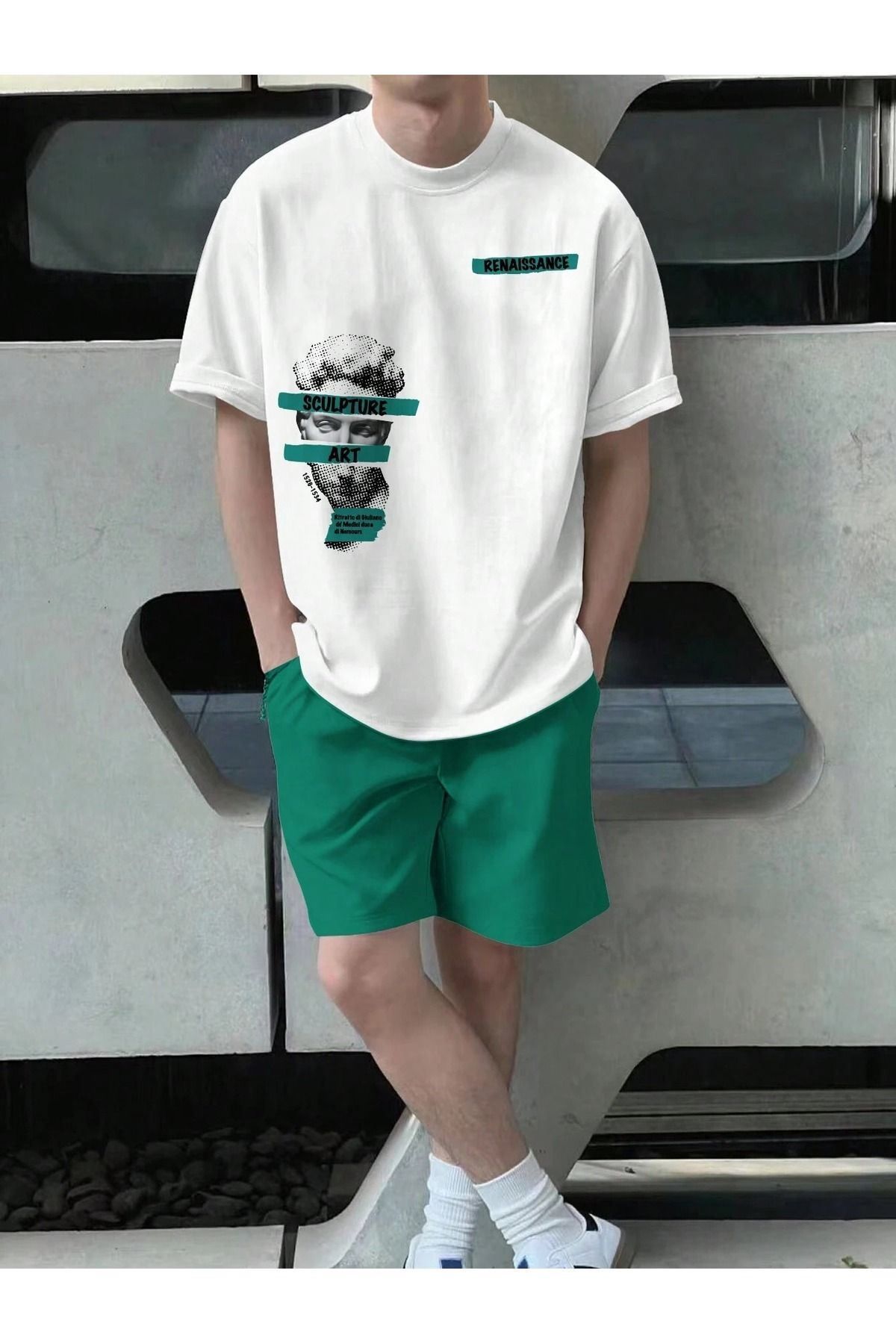 DUBU BUTİK-Pantaloni scurți tricou Sculpture Art - Set de tricou cu pantaloni scurți verde Nefti alb cu imprimeu oversize cu decolteu turn 1