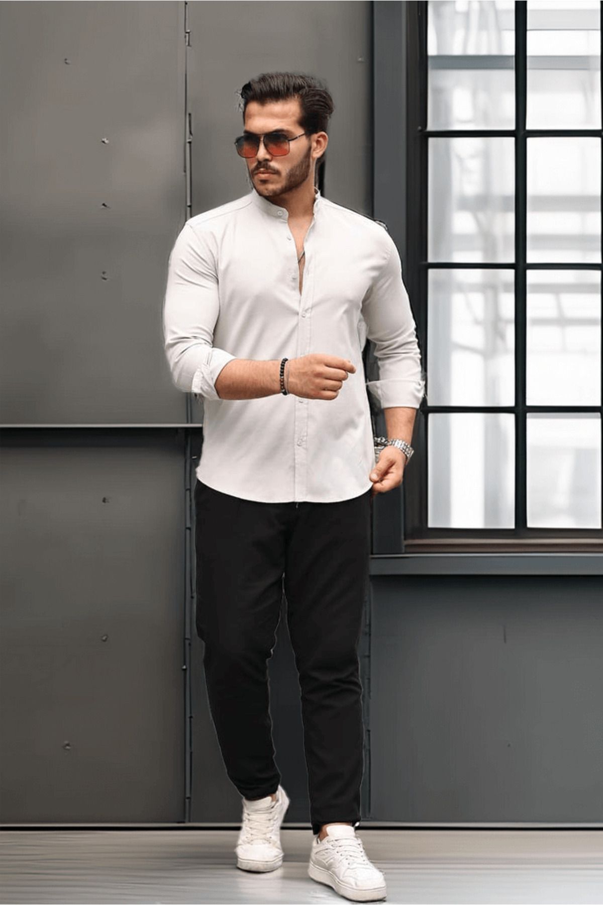 Valiberta-Hakim Collar Oxford Fabric Long Sleeve Shirt - Stone 3