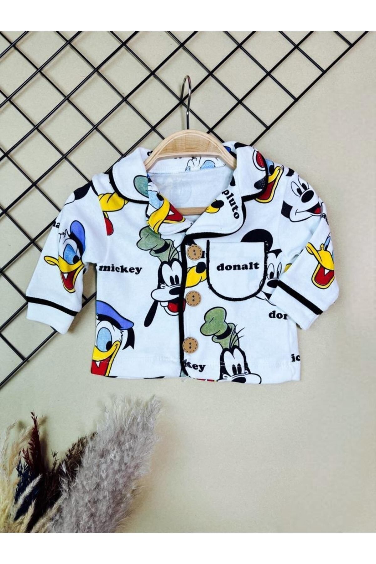 Sparrow Laurel-Unisex Baby Pluto & Mickey Printed Top and Bottom Nightgown Set, Front Buttoned Pajama Set (6-24 Months) 6