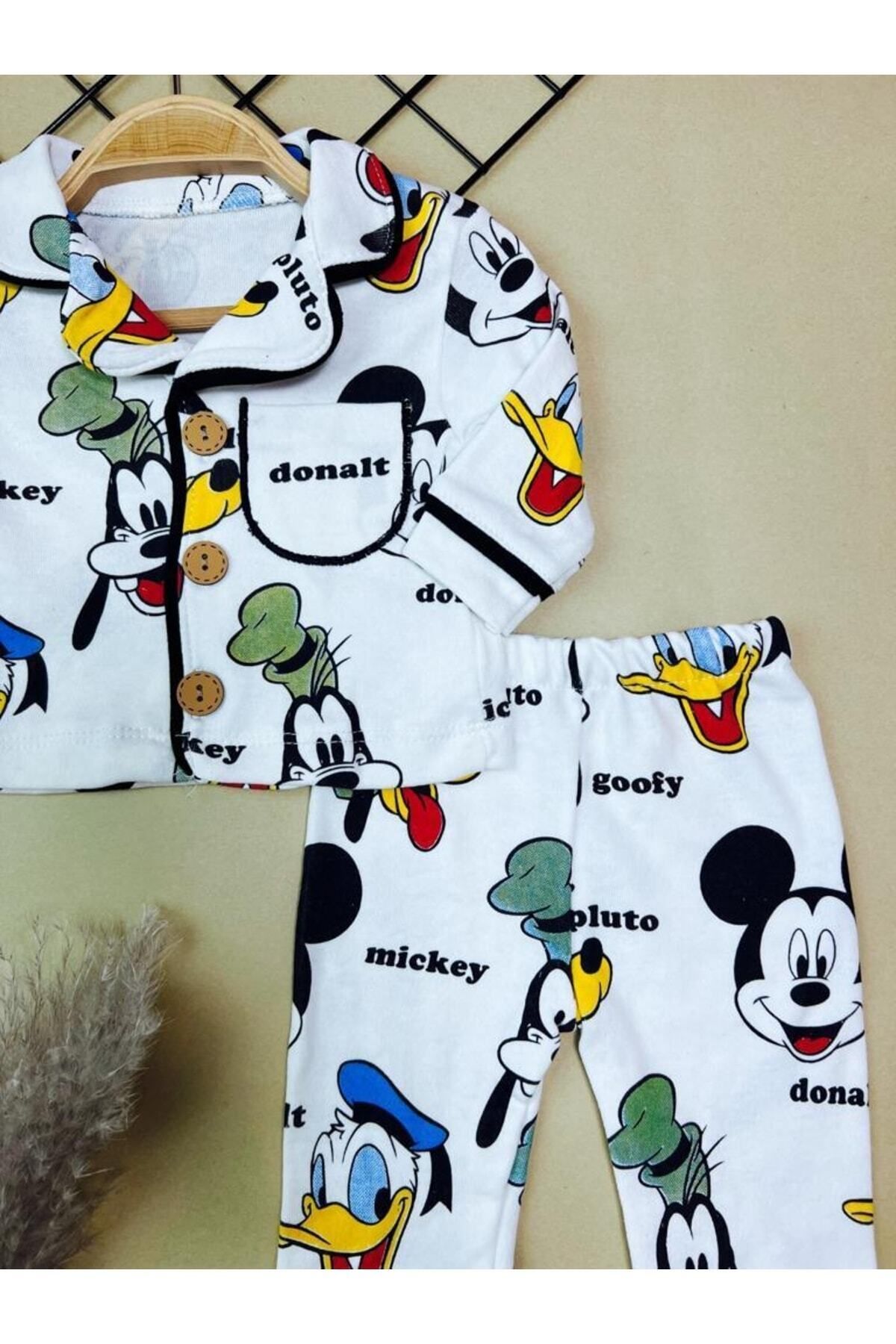 Sparrow Laurel-Unisex Baby Pluto & Mickey Printed Top and Bottom Nightgown Set, Front Buttoned Pajama Set (6-24 Months) 4