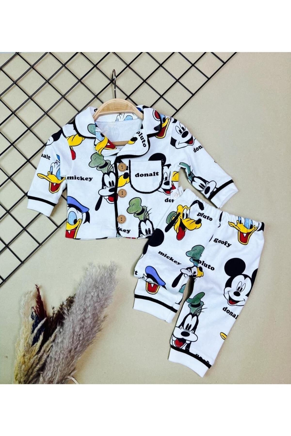 Sparrow Laurel-Unisex Baby Pluto & Mickey Printed Top and Bottom Nightgown Set, Front Buttoned Pajama Set (6-24 Months) 3