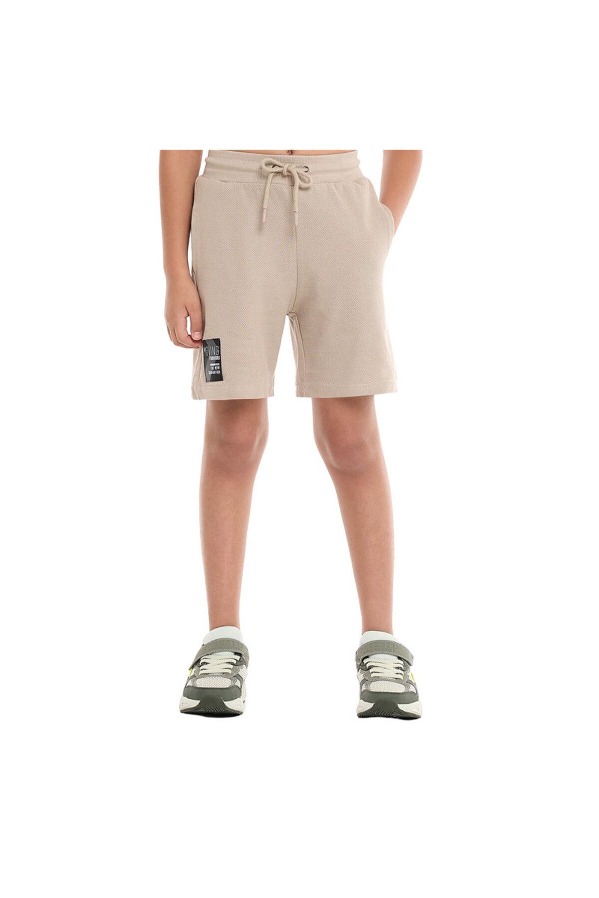 Victor and Jane-Boys' Cord Set – Beige T-Shirt and Shorts Outfit with Label Detail 3