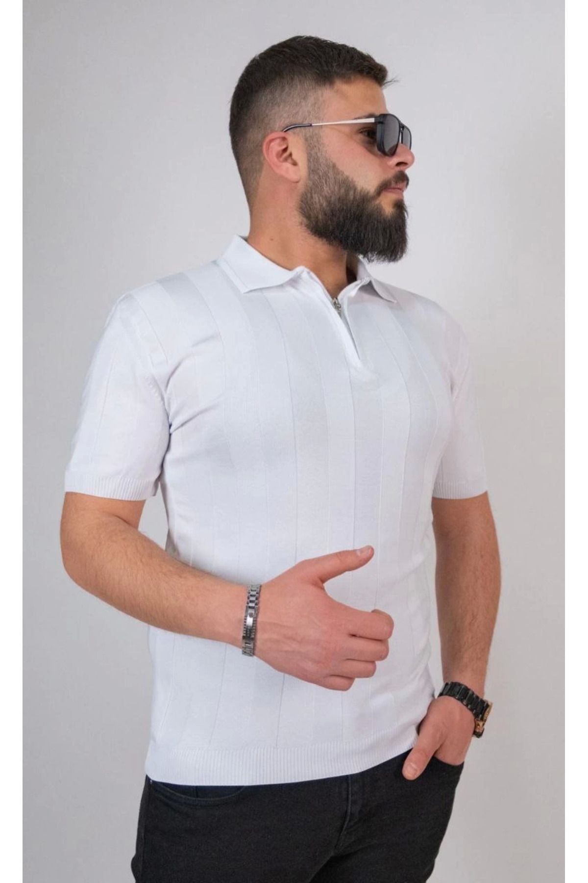 Pink Stil Triko Dokuma Yarım Fermuarlı Yakalı T-shirt - Beyaz Pink Stil