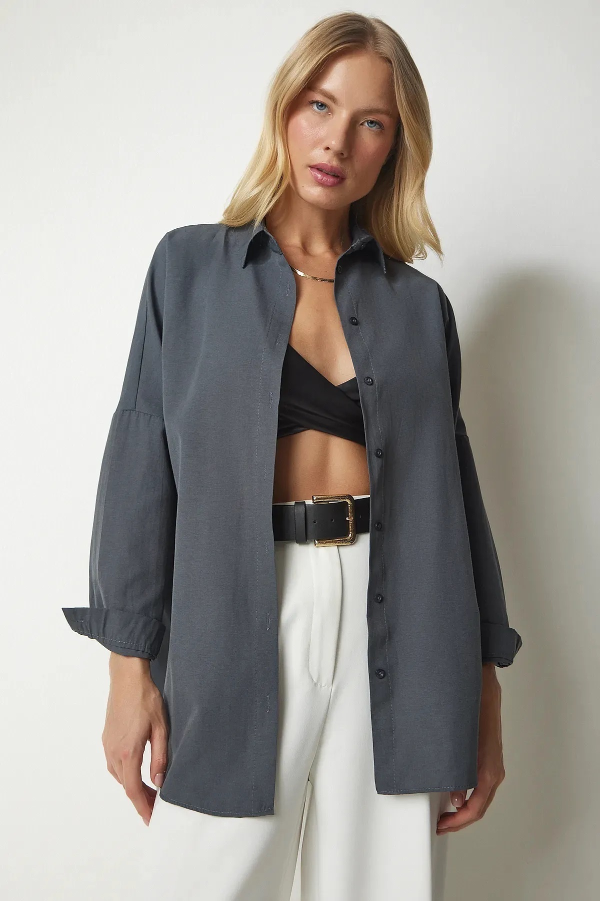 MODA  KADIN ANTRASİT UZUN BASİC GÖMLEK - Görsel 2