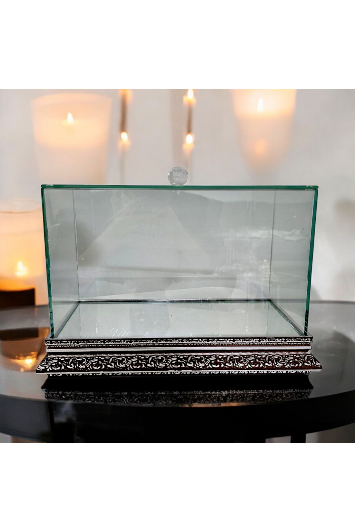 Gümüş Cam Söz Nişan Çeyiz Bohça Kutusu 35*20*20 Cm Gelin Damat Bohçası Ahşap Aynalı Taban