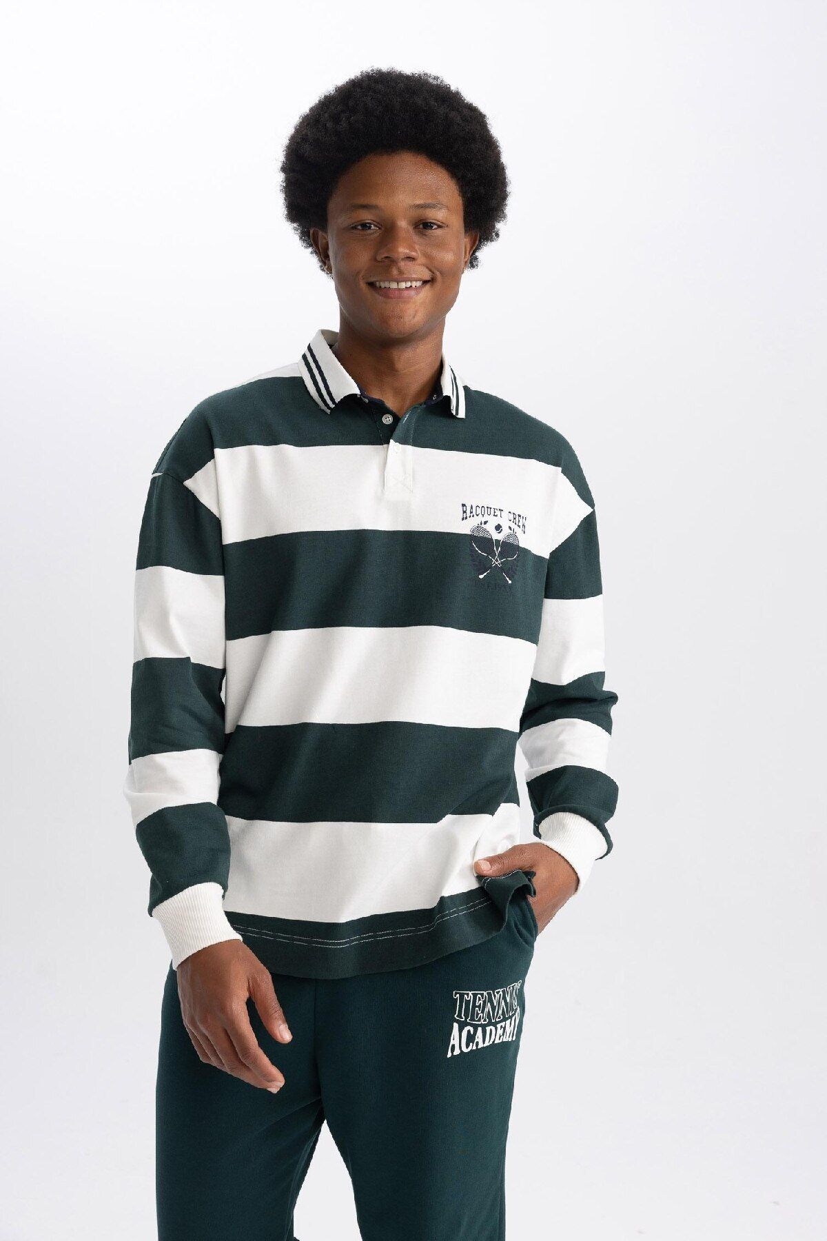 DeFacto-T-shirt polo Fit Boxy Fit w paski z długim rękawem A9874ax23wn 4