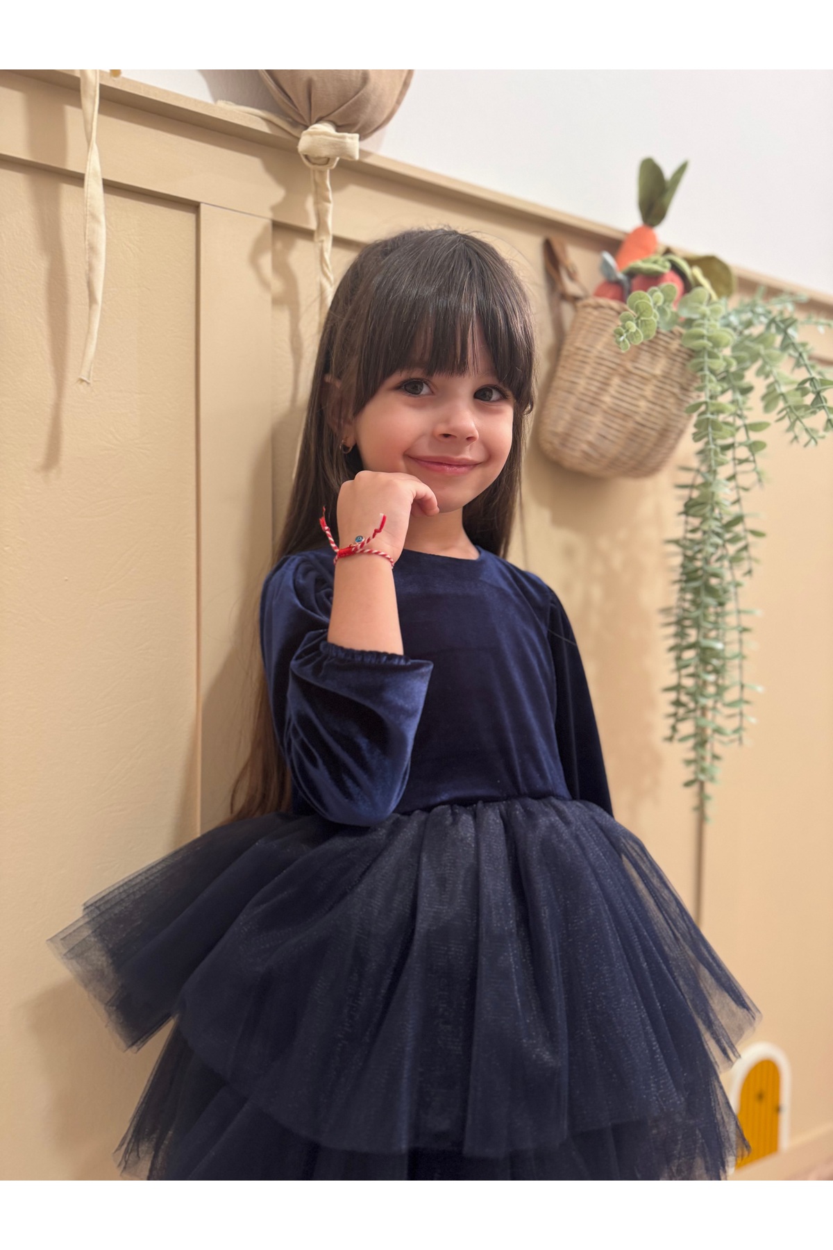 penu baby kids Lacivert Uzun Kol Kat Etekli Kadife Kız Çocuk Bebek Elbise - Gloria fotoğrafı 2 (önizleme)