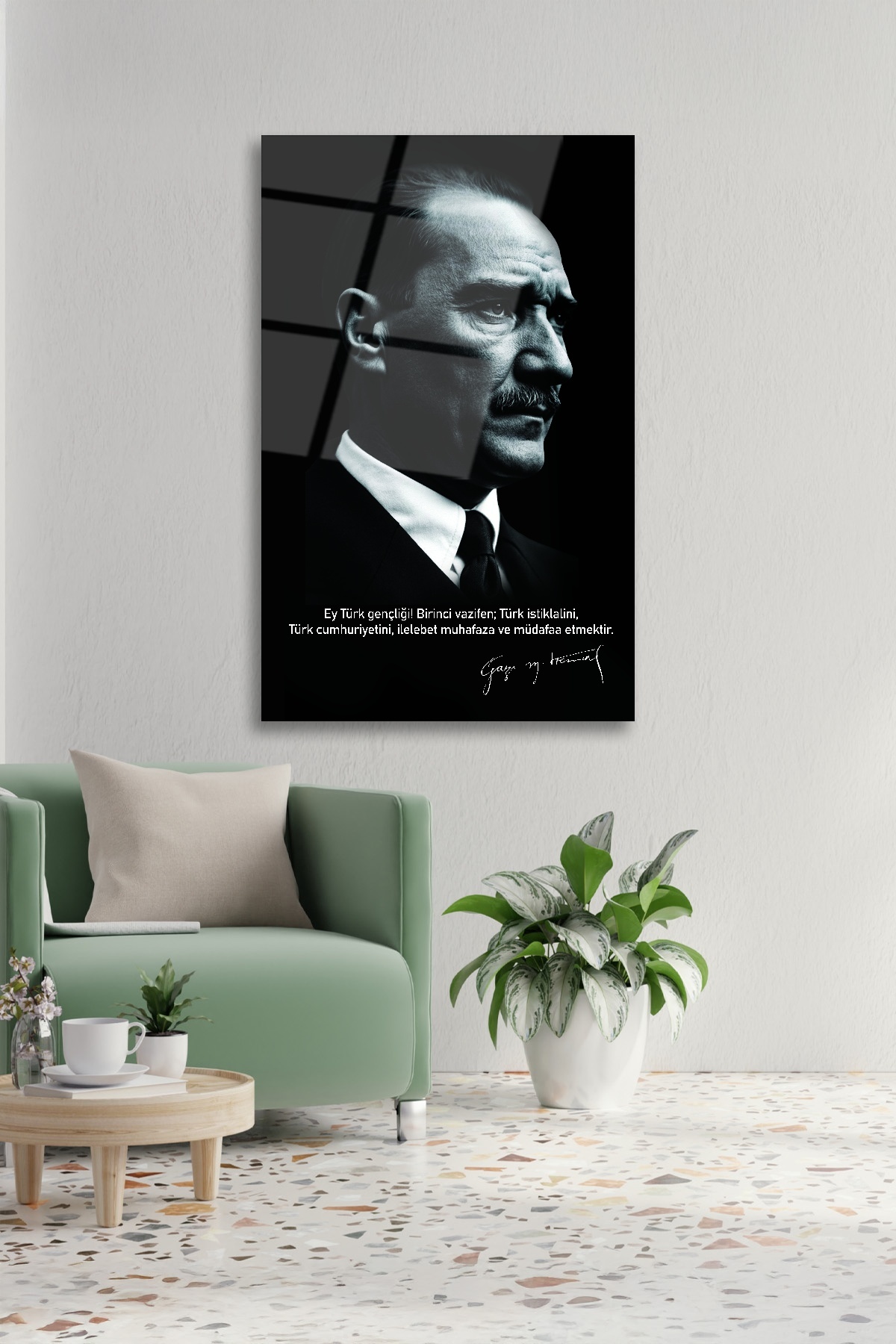 SİYAH BEYAZ ATATÜRK CAM TABLO görsel 2