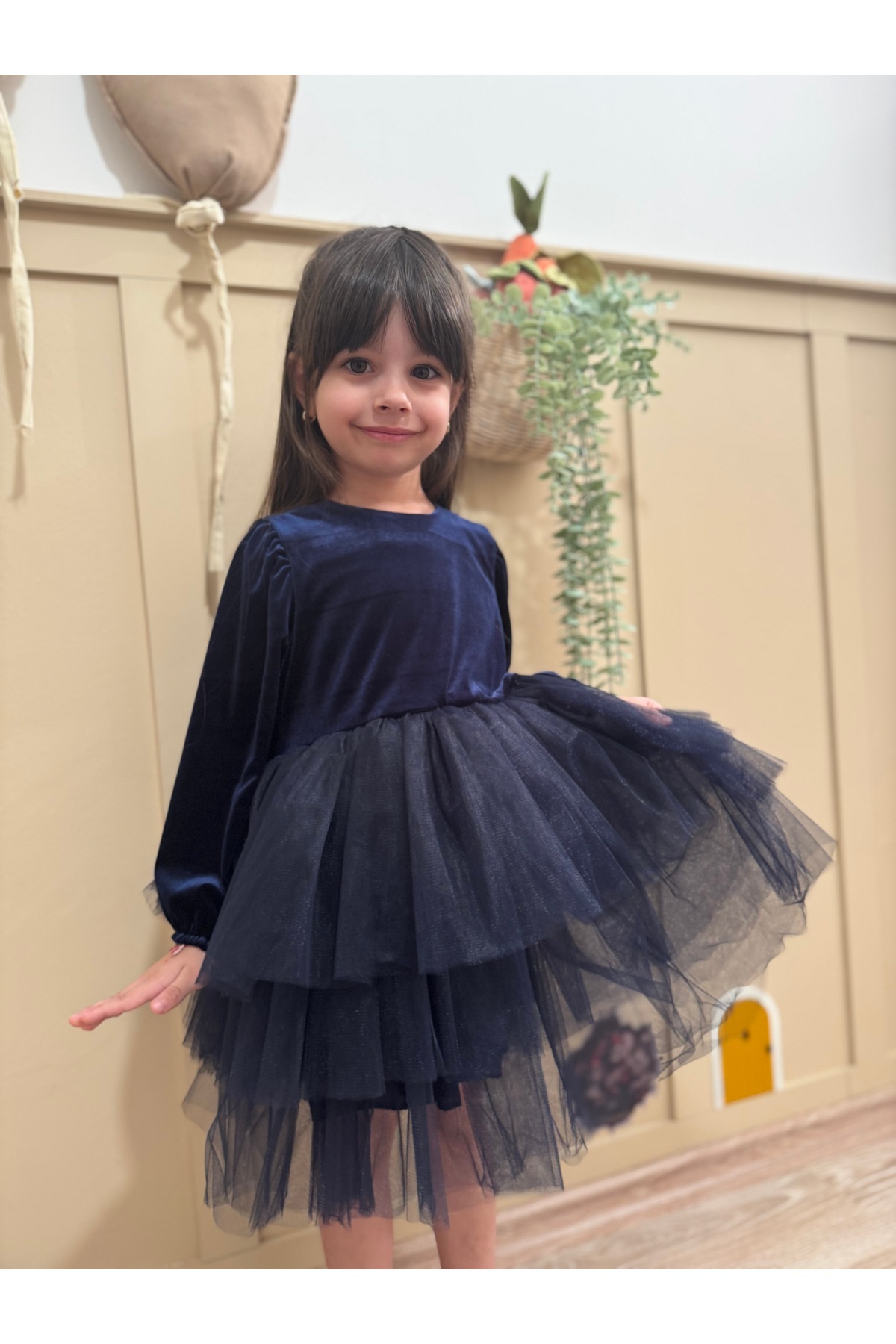 penu baby kids Lacivert Uzun Kol Kat Etekli Kadife Kız Çocuk Bebek Elbise - Gloria fotoğrafı 4 (önizleme)