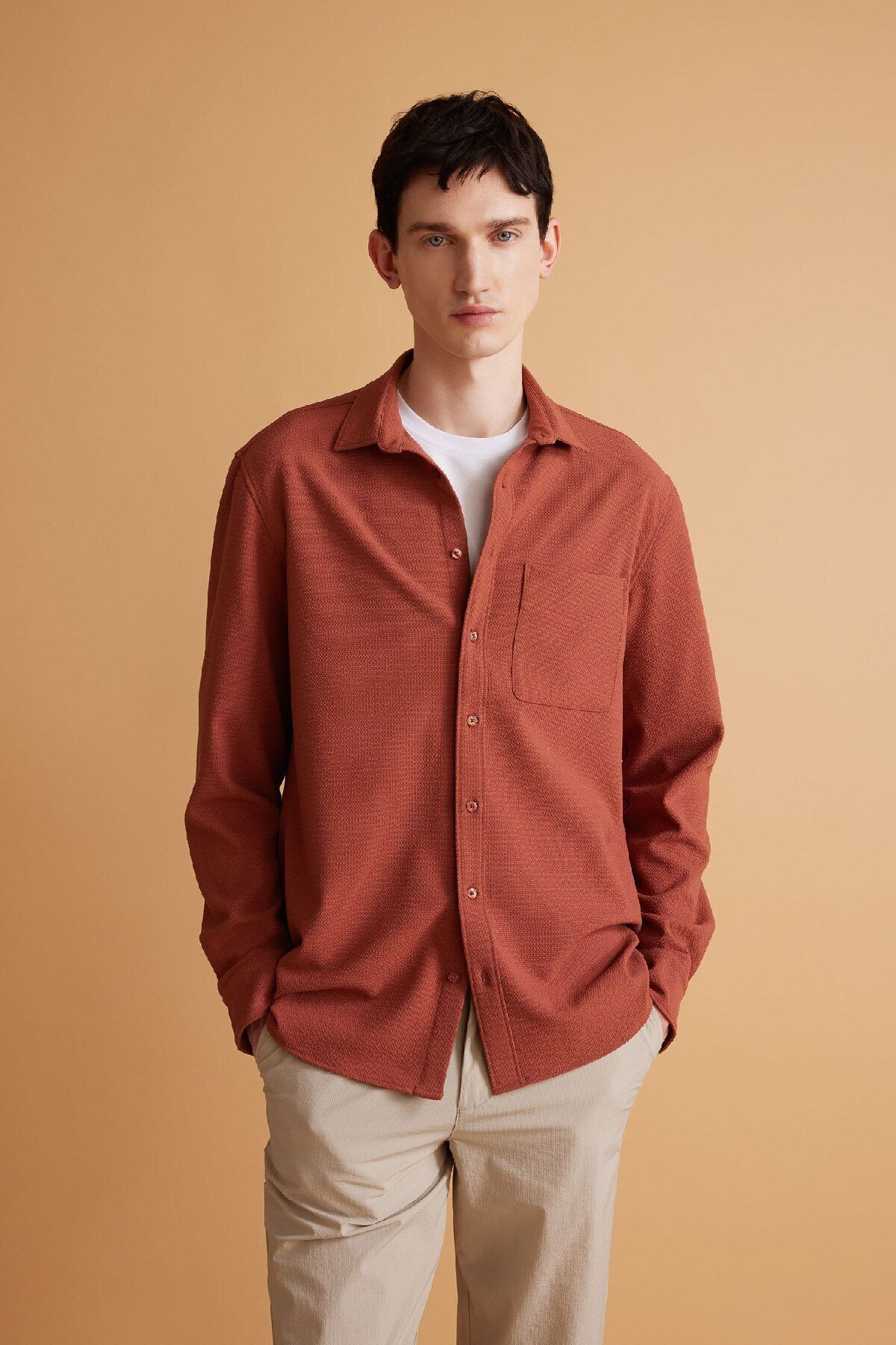 Regular Fit Polo Yaka Krinkıl Basic Düz Uzun Kollu Gömlek B6484ax24sp - 3