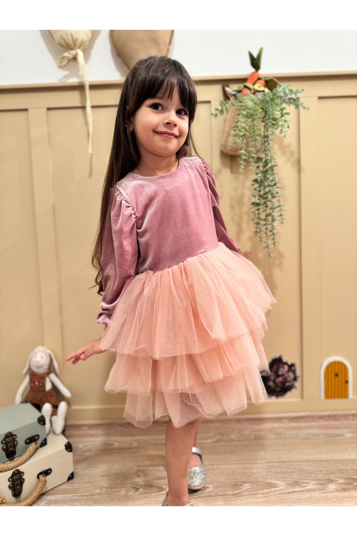 penu baby kids Pudra Kat Etekli Kadife Uzun Kol Kız Çocuk Kız Bebek Elbise fotoğrafı 2 (önizleme)