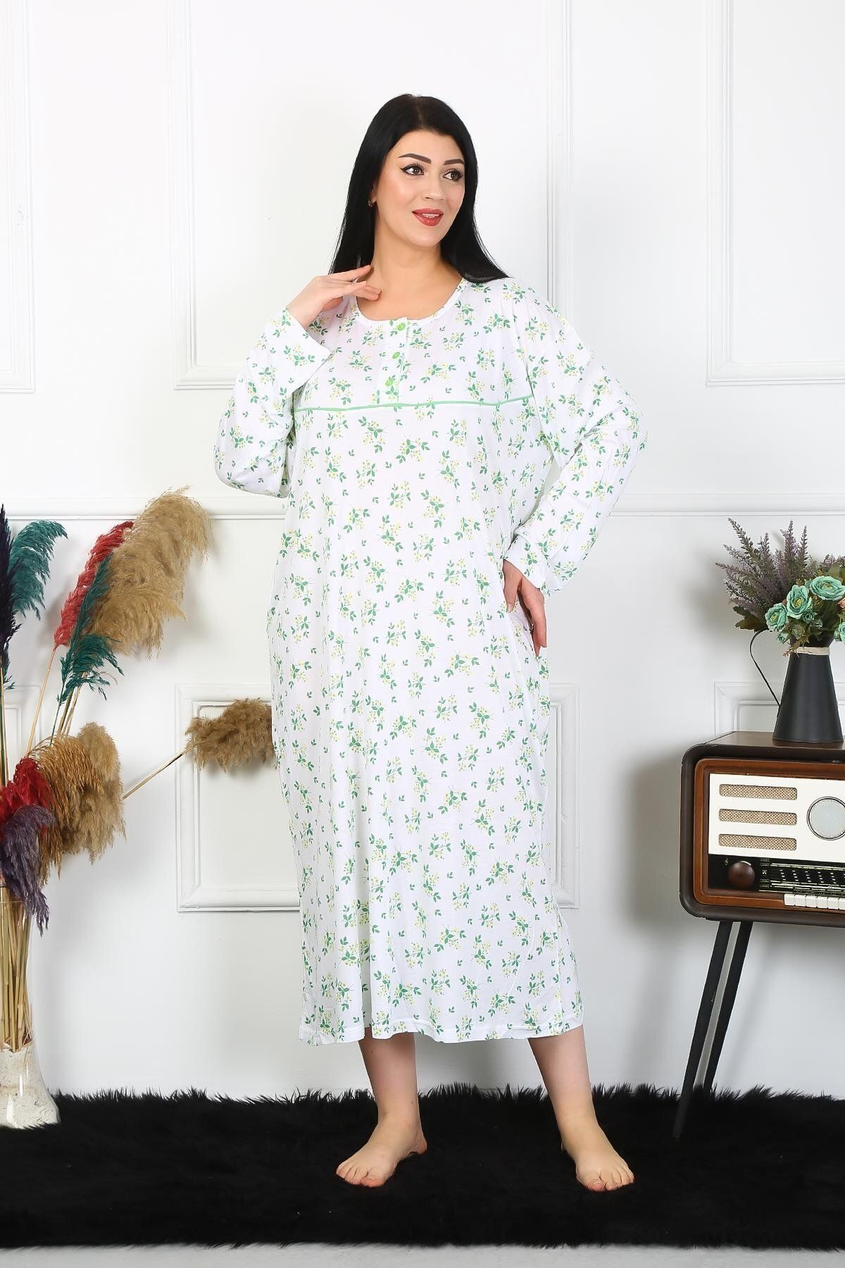 modaserdem-Women's Long Sleeve Plus Size Mother Nightgown-100% Cotton 3