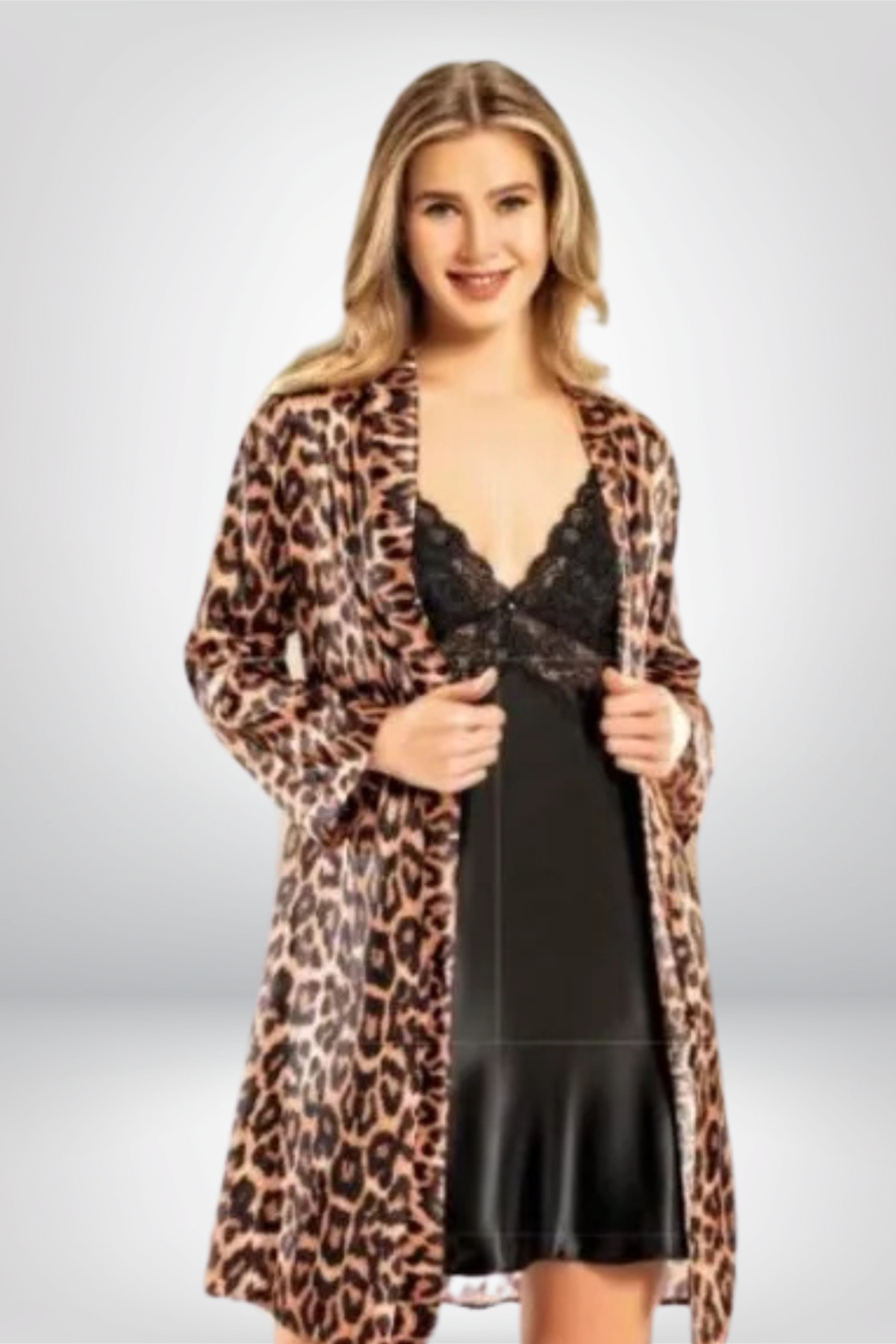 vory Kadın Leopar Desenlik Gecelik- Kimono Takımı VR.NL.K30.T29.Y01