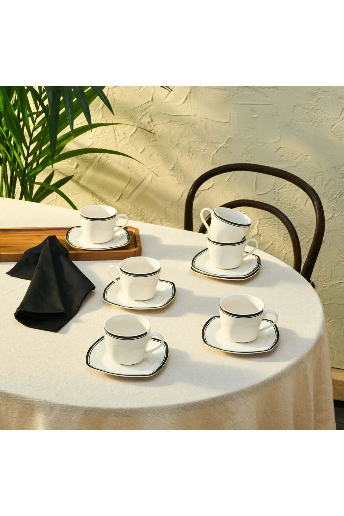 Karaca-Karaca Black Line 12-Piece Bone China Tea Cup and Saucer Set for 6 People, 220 ml, Black White 2