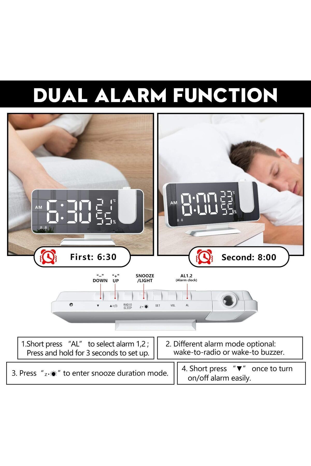 COOYA-Led Mirror Digital Alarm Clock,ajustable Projection & Brightness Control,two Clocks,for Office 7