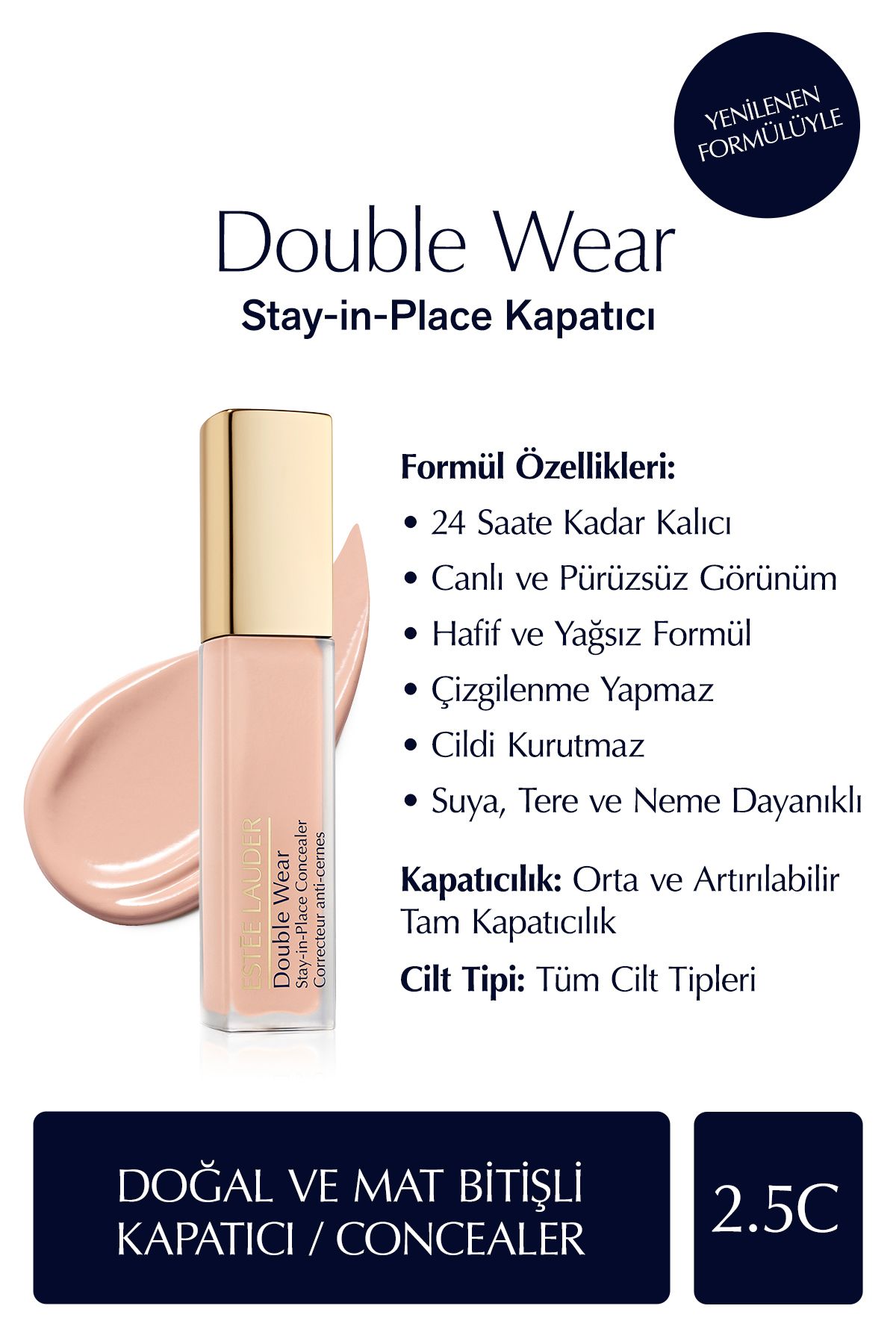 Kapatıcı - Double Wear Stay-in-Place Concealer - Renk: 2.5C Light/Medium (Cool Pink)