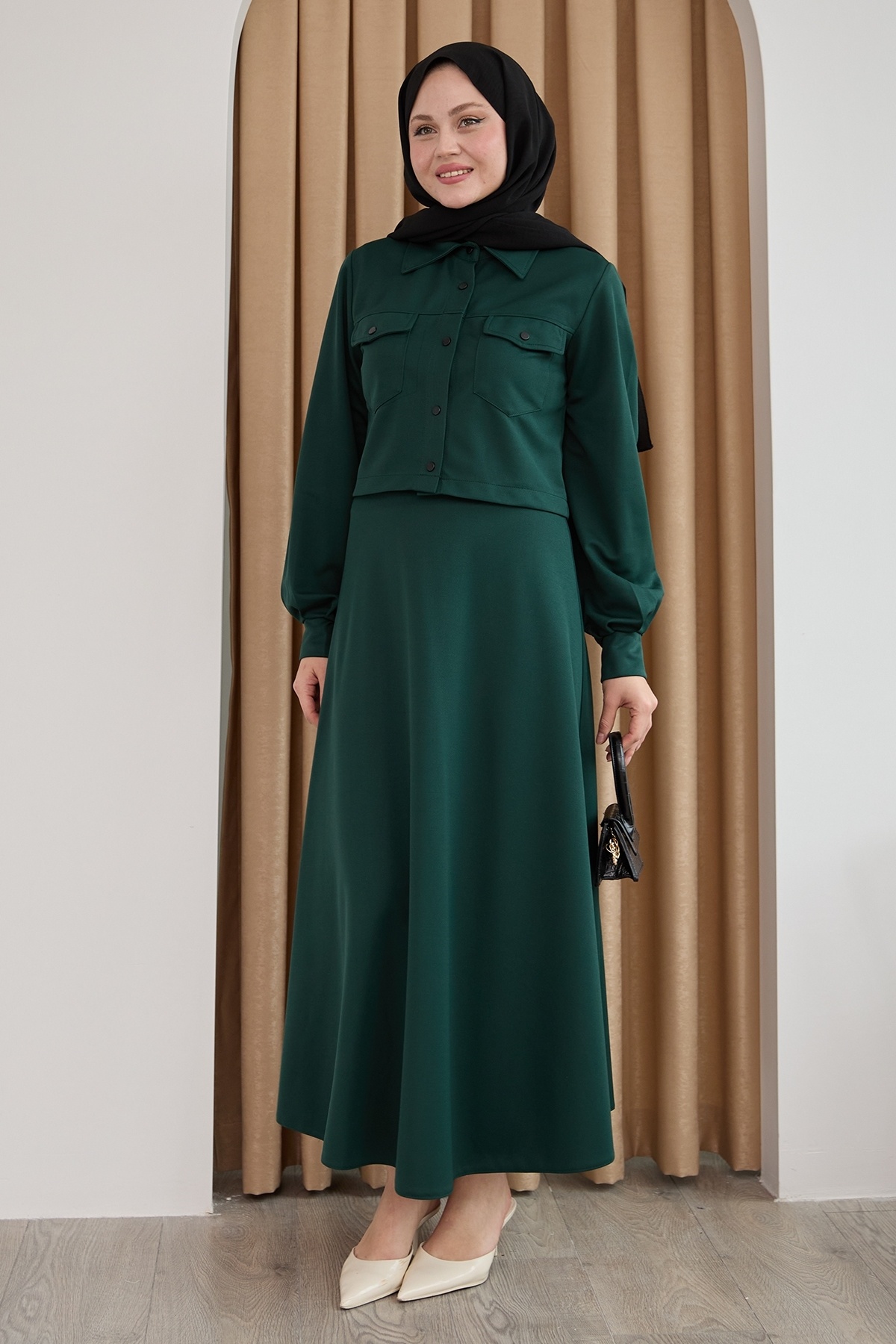 InStyle-Buttoned Bolero Skirt Emerald Green Suit 4