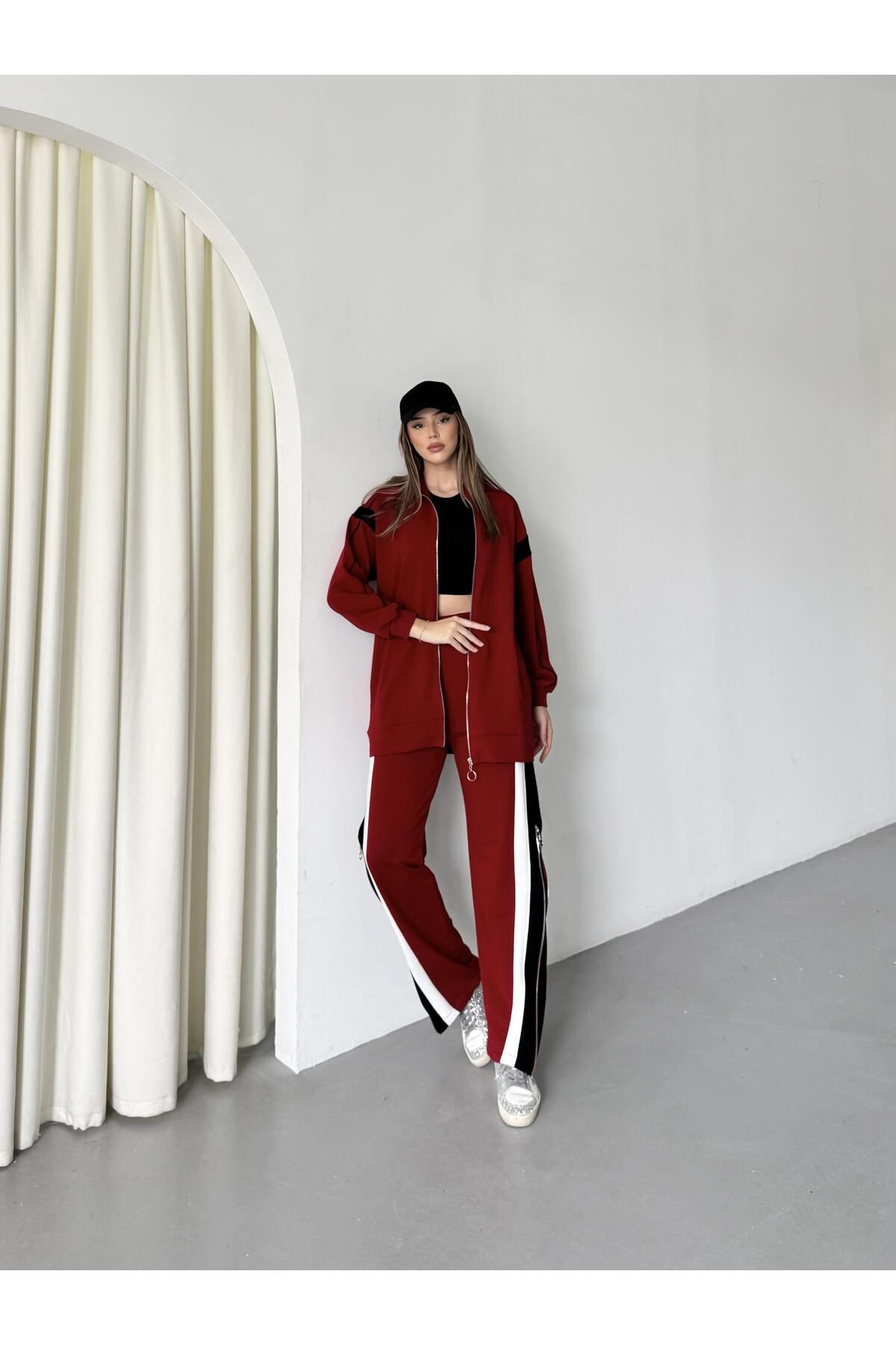 Basicpark Set De Top Din Bumbac Tricotat Pentru Femei, Roșu Claret, Cu Închidere Cu Fermoar, Cu Picioare Largi Femeie - S