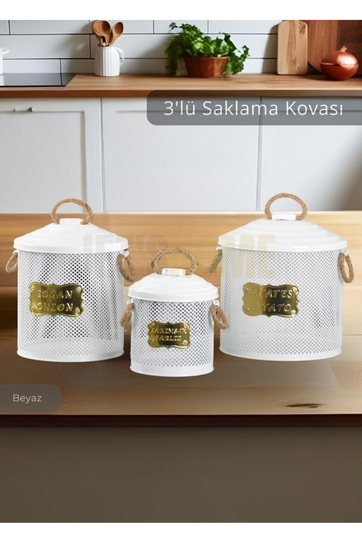 Jet's Home Patates Soğan Sarımsak Kovası 3'Lü Sebzelik Paslanmaz Organizer Patates Soğan Sepeti Beyaz