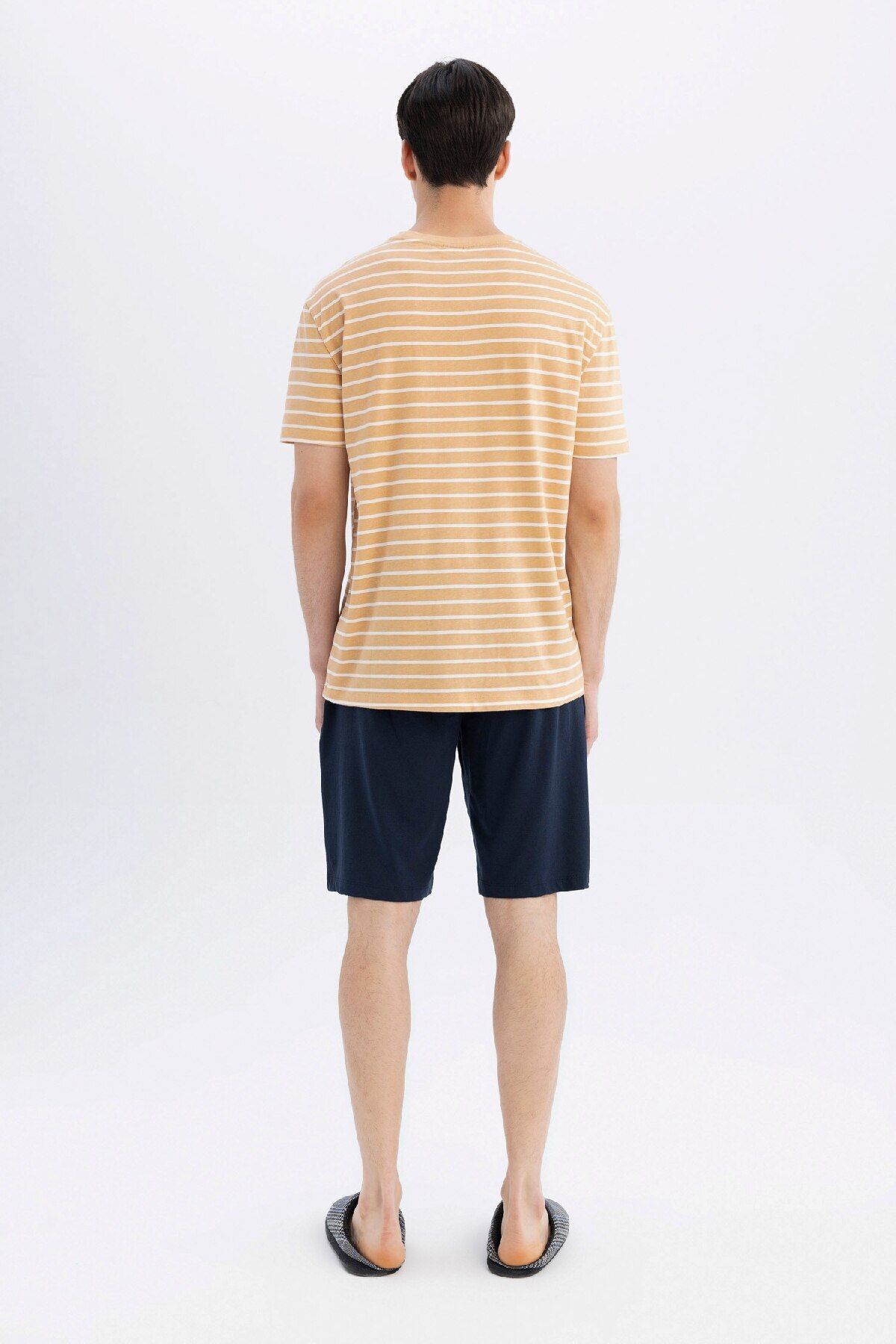 DeFacto-Reguler Length Pajama Set - Short Sleeve Top with Stripe Border and Lace-Up Shorts 5