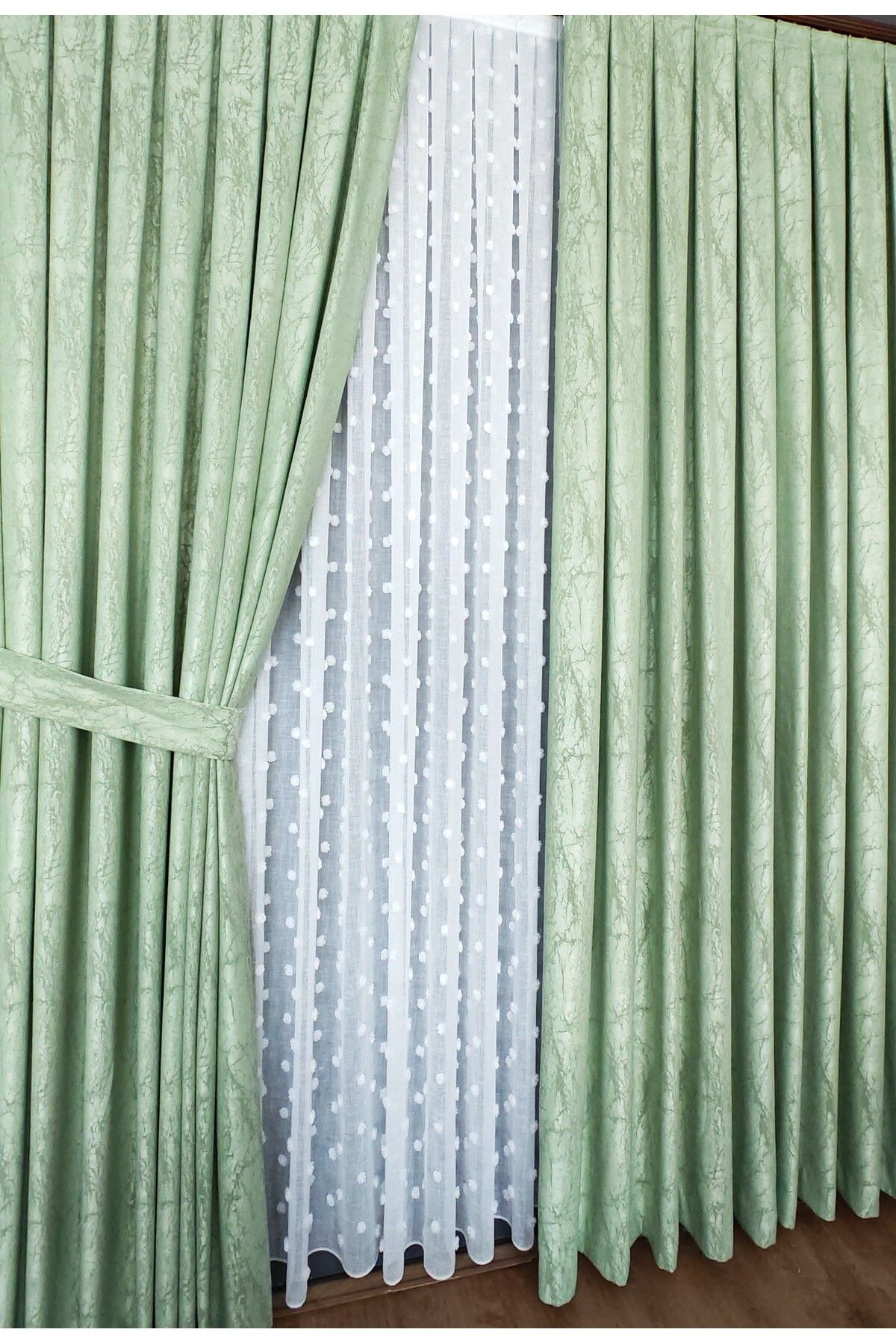 Yuka-Luxury Satin Textured Marble Pattern Panel Background Curtain 1/3 Dense Pleated Single Wing 8