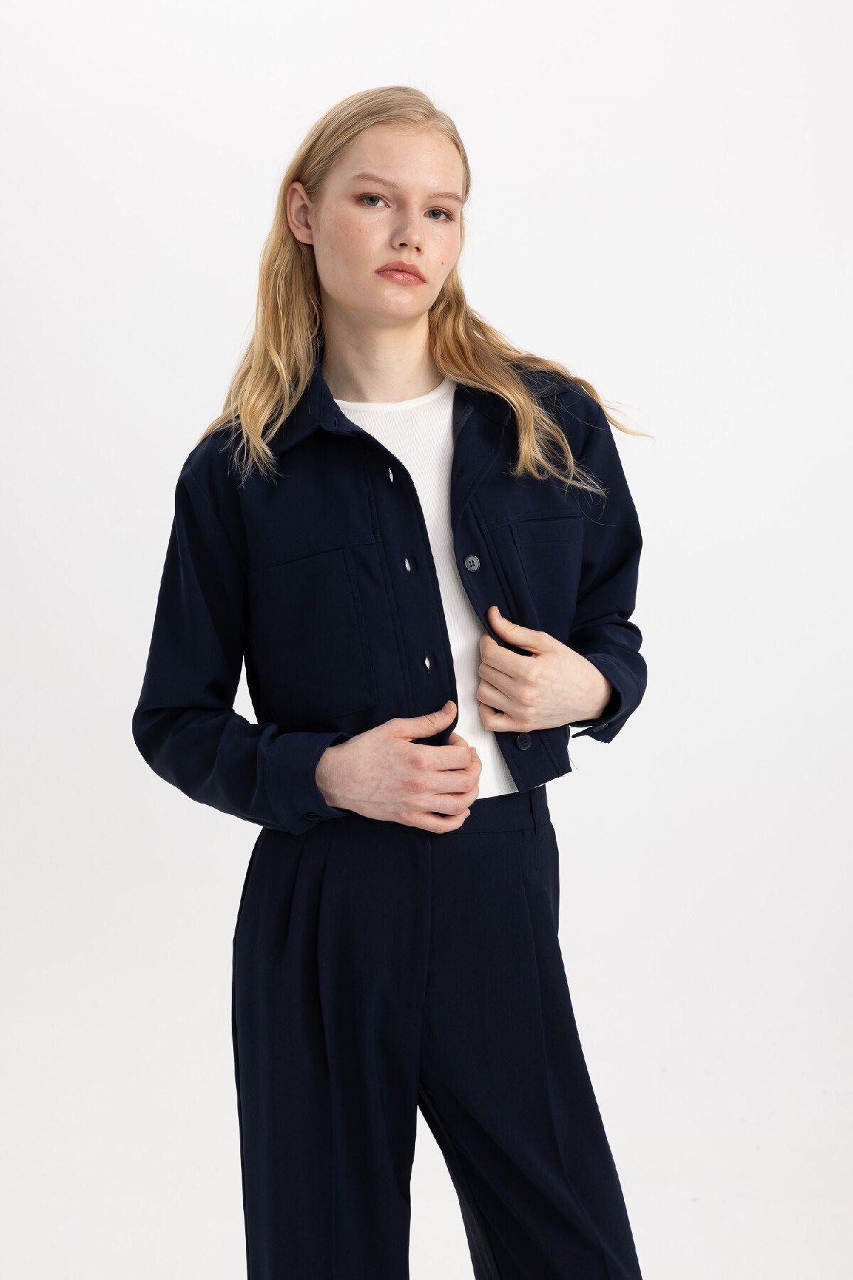 DeFacto-Crop Cămașă Guler Basic Solid Blazer Jachetă C3832AX24SM 4