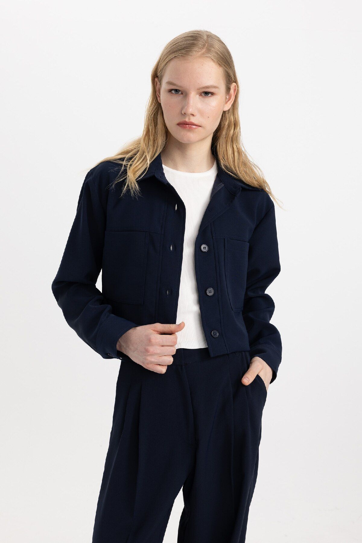 DeFacto-Crop Cămașă Guler Basic Solid Blazer Jachetă C3832AX24SM 3