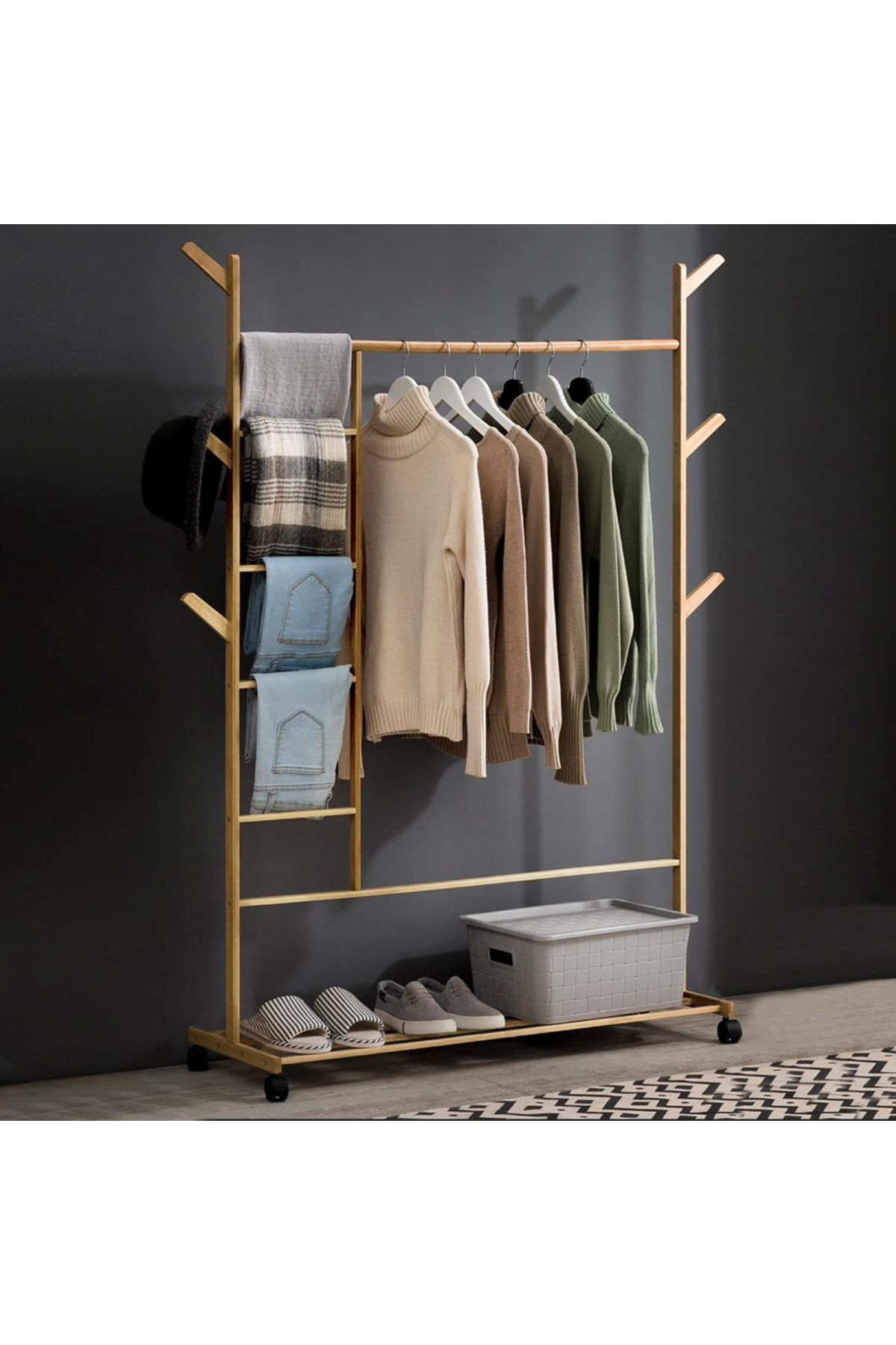 Quasar & Co.-Hallway hanger, Quasar & Co.®, with wheels, suitable for clothes/shoes, bamboo, 100x35x155 cm, natural 3