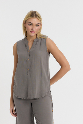 TCT TEKSTİL Kadın Bluz - Müslin Hakim Yaka Yarım Pat Kolsuz Bluz -1070