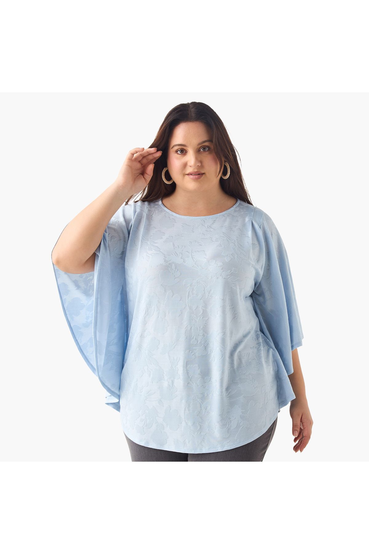 Ulla Popken-Plus Size Ulla Popken Textured Top with Round Neck and 3/4 Sleeves 1
