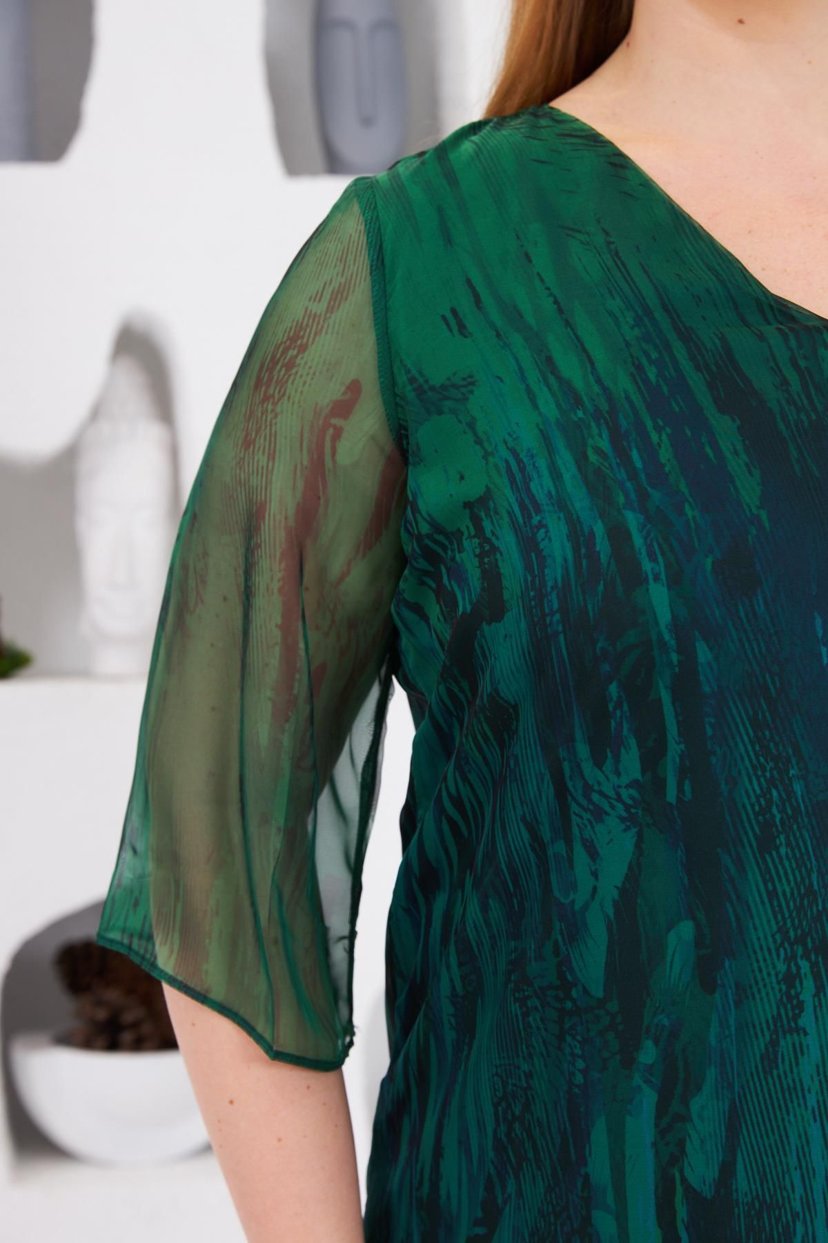 RMG-Large Size Lined Chiffon Blouse Green 5