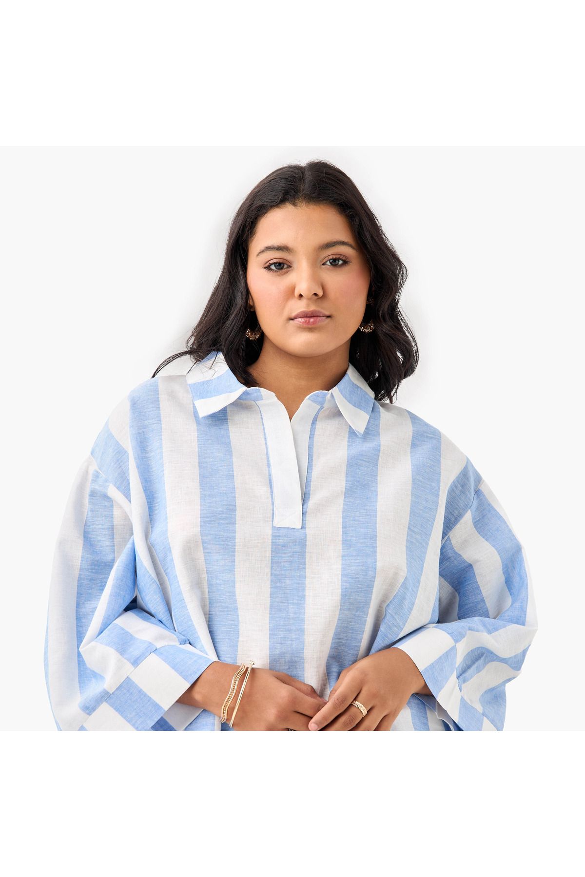 Ulla Popken-Plus Size Ulla Popken Striped Linen Top with Collar and Long Sleeves 4