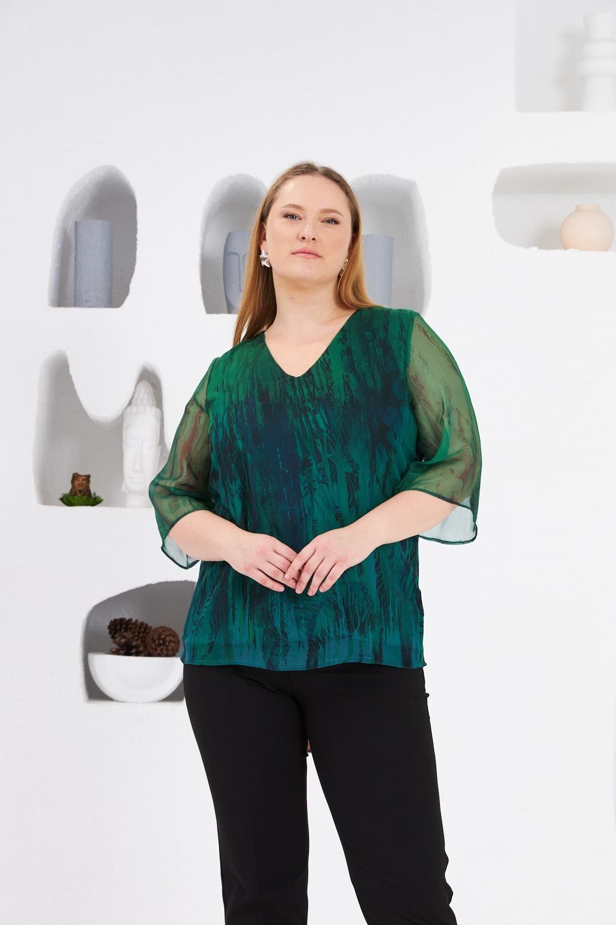 RMG-Large Size Lined Chiffon Blouse Green 1