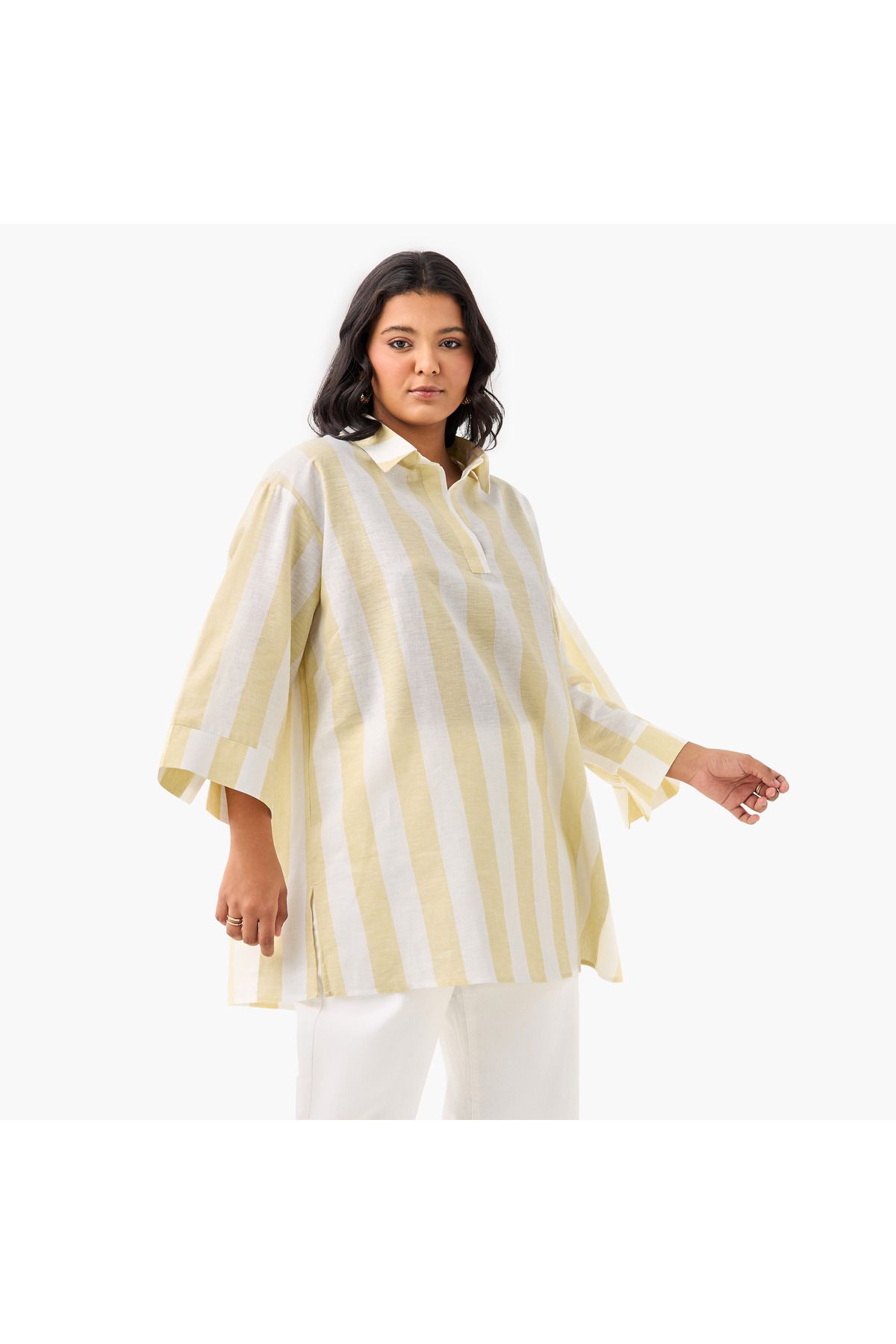 Ulla Popken-Plus Size Ulla Popken Striped Linen Top with Collar and Long Sleeves 1