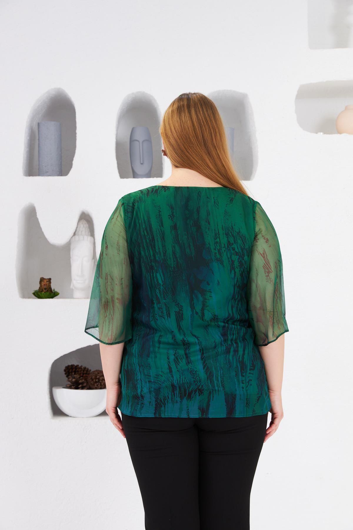 RMG-Large Size Lined Chiffon Blouse Green 4