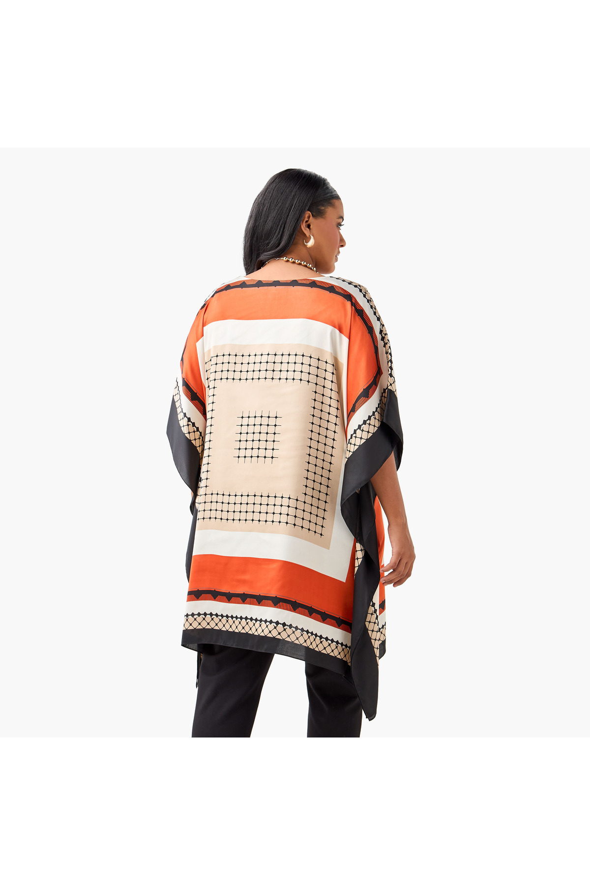 Ulla Popken-Ulla Popken Plus Size Printed Kaftan Top with Round Neck 3