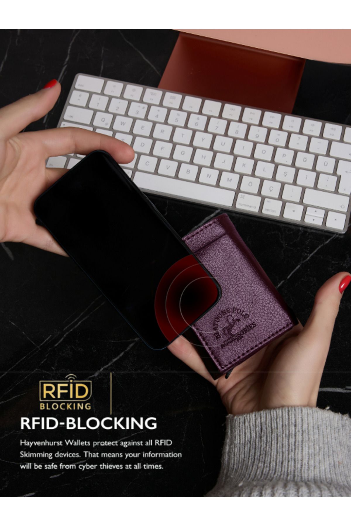 کیف پول زنانه RFID PROTECTION مکانیسم اتوماتیک بنفش سرقت محافظت شده در مقایسه با نگهدارنده کارت Blatoune Polo