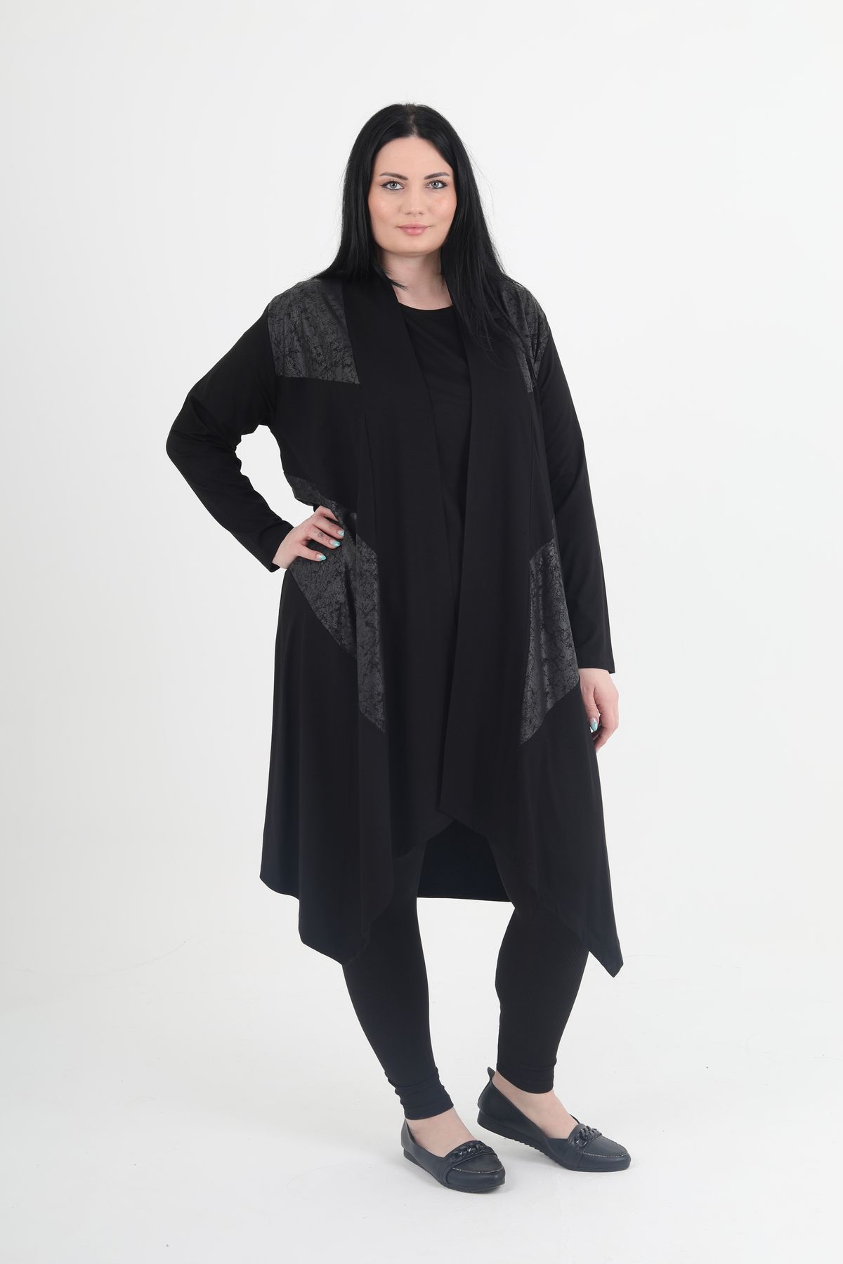 GNR-Leather Patterned Large Size Combed Cardigan Inner and Outer Set 2